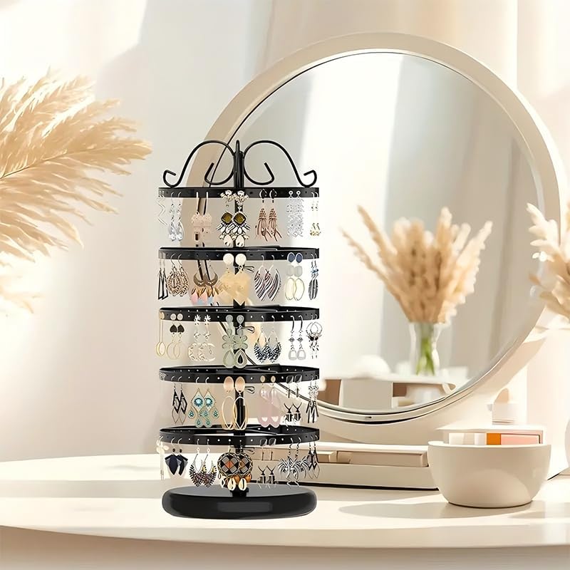 5-Tier Rotating Jewelry Display Stand with Adjustable Height Black Metal Organizer