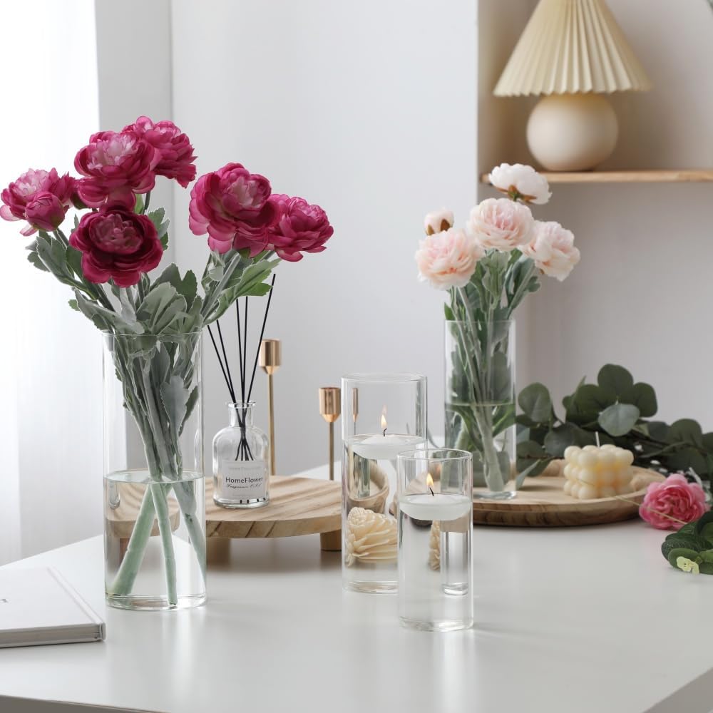 Set of 16 Glass Cylinder Vases with 24 Floating Candles for Centerpieces