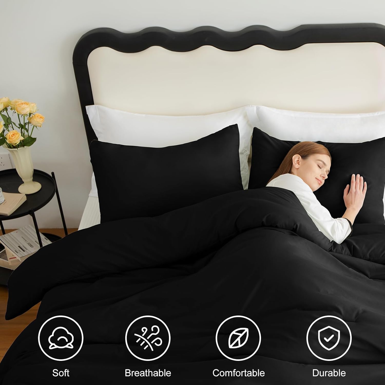 CozyLux Queen Comforter Set Black 3 Piece
