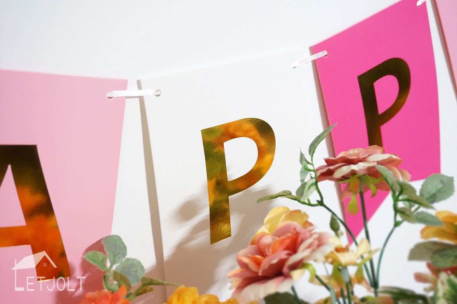 Roseo Pink Happy Birthday Banner with Golden Sparkle