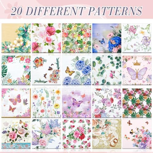 Crtiin 20 Pack Assorted Floral Napkins for Decoupage