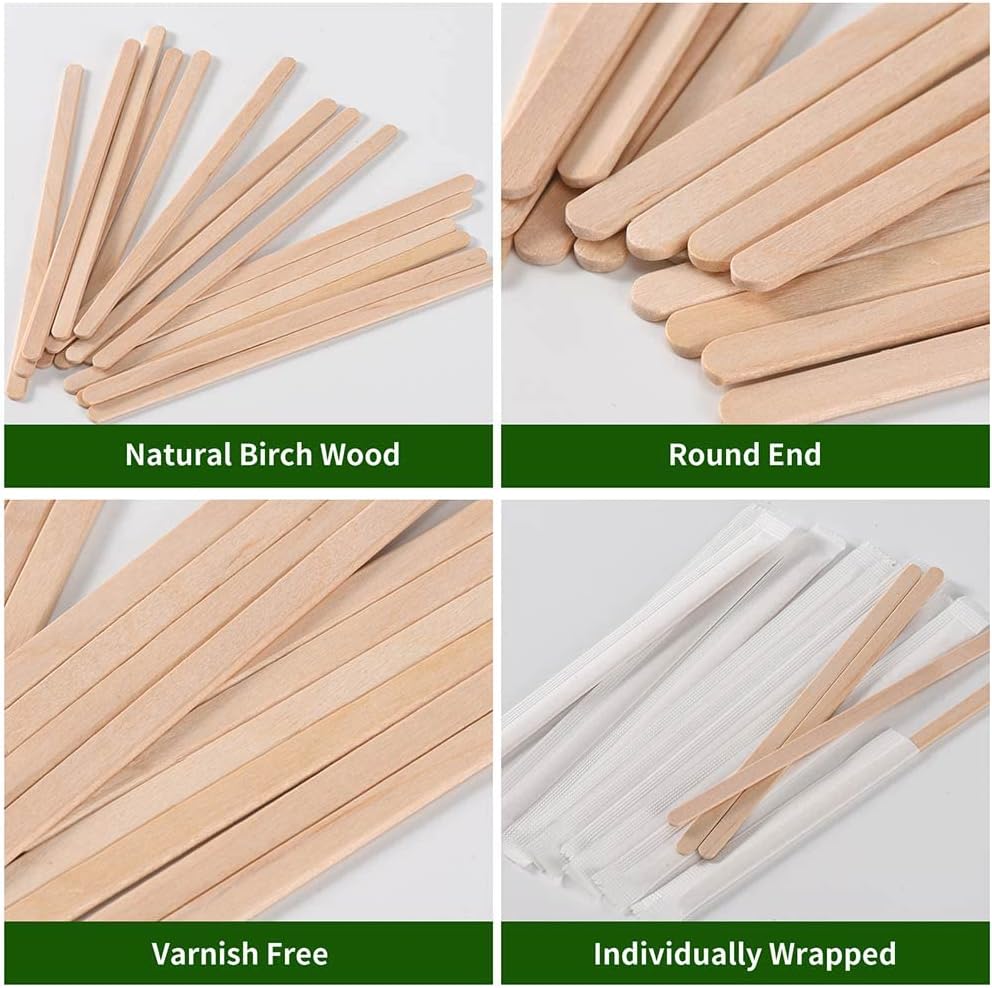 200pcs Individually Wrapped Wooden Coffee Stirrers - 55 Length