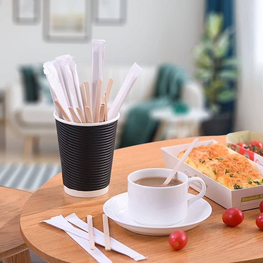 200pcs Individually Wrapped Wooden Coffee Stirrers - 55 Length