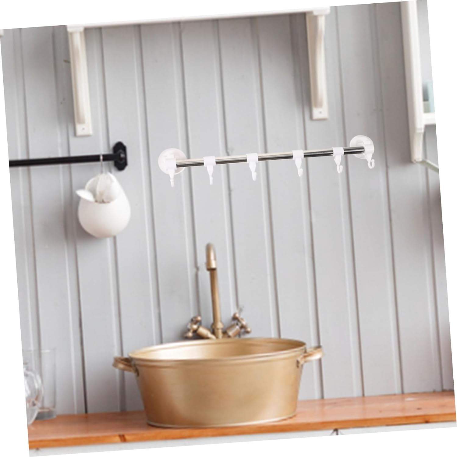 Adjustable Chrome Towel Bar Wall Mount Pot Rack Suction Cup Hooks