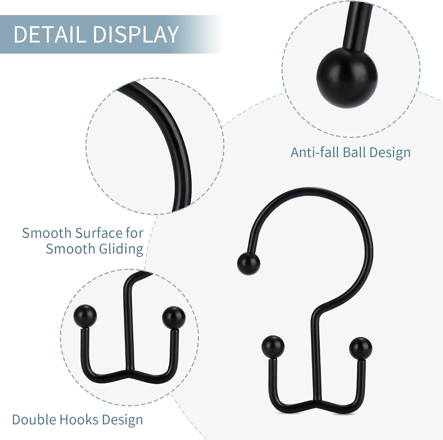 Goowin 12 Pcs Durable Black Shower Curtain Hooks