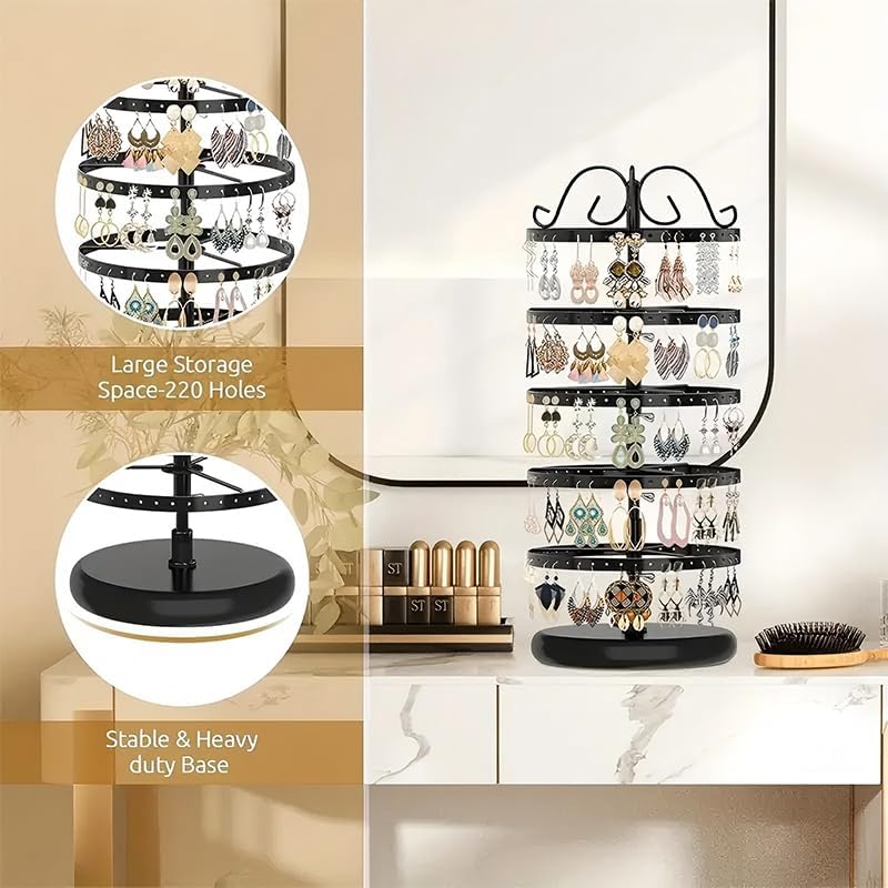 5-Tier Rotating Jewelry Display Stand with Adjustable Height Black Metal Organizer