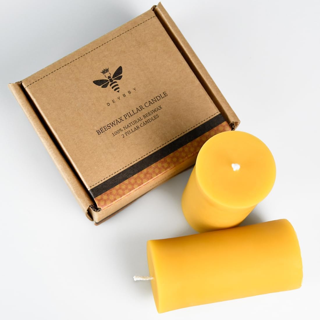 DEYBBY Natural Beeswax Pillar Candle Set 2 Pack Brown Raw