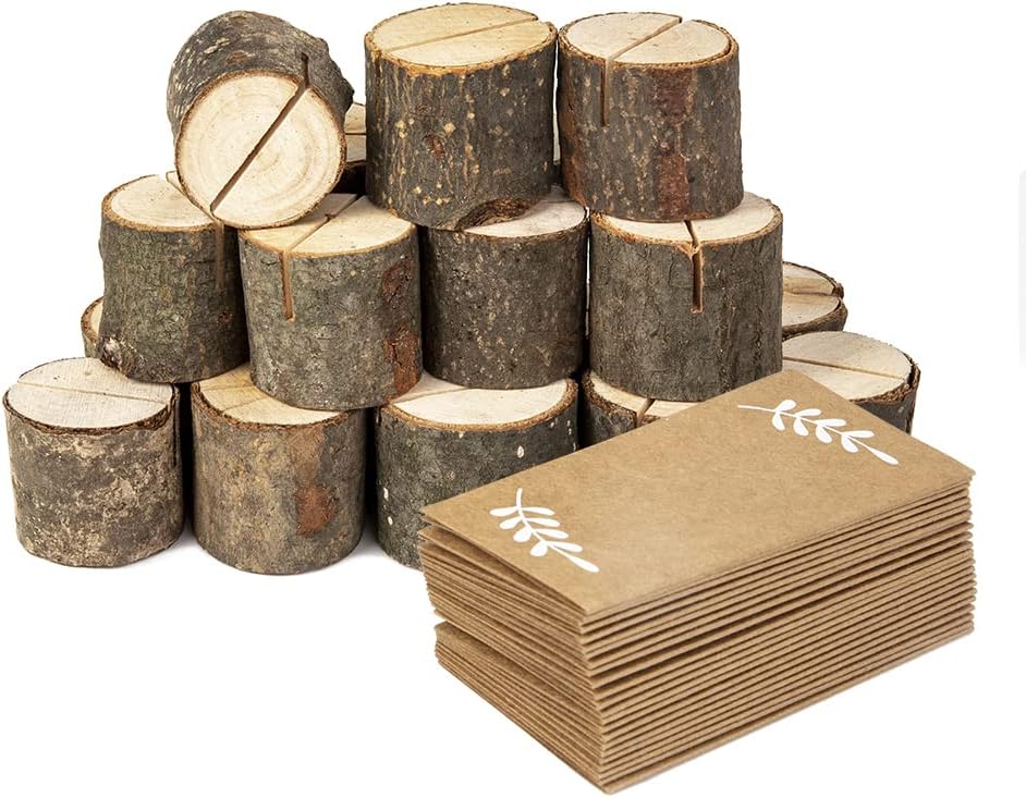 20Pcs Wood Place Card Holders with 24Pcs Kraft Place Cards