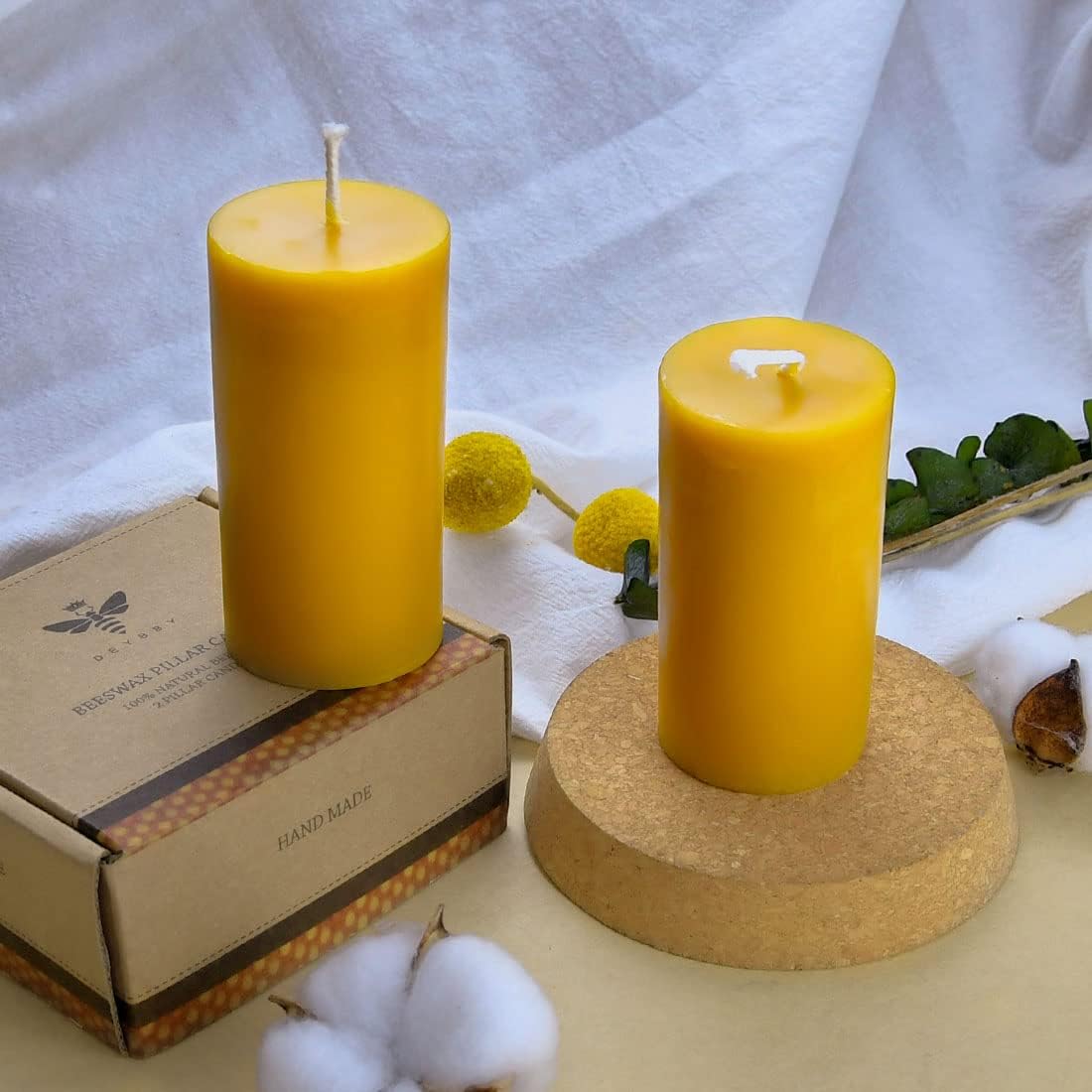 DEYBBY Natural Beeswax Pillar Candle Set 2 Pack Brown Raw
