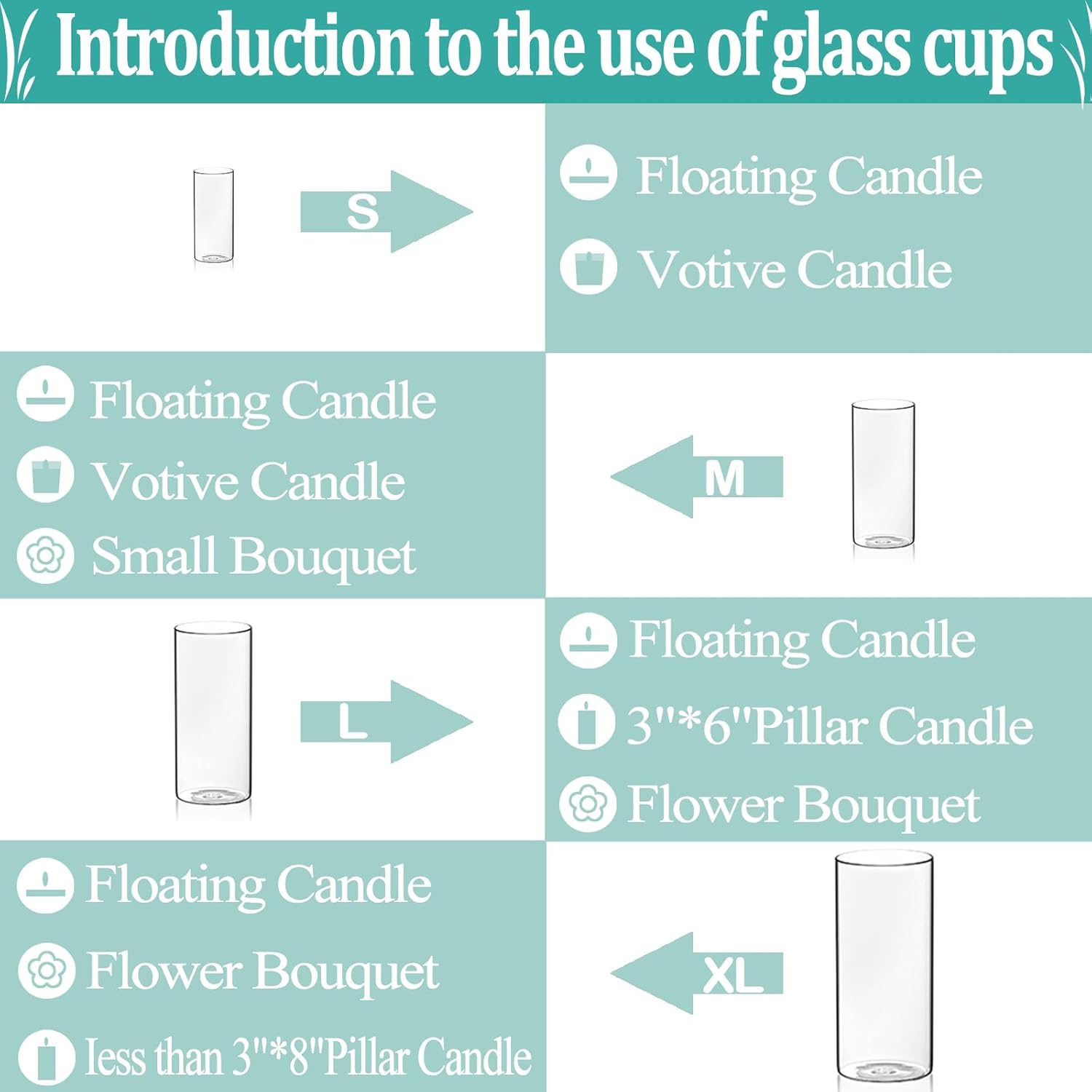 Set of 16 Glass Cylinder Vases with 24 Floating Candles for Centerpieces