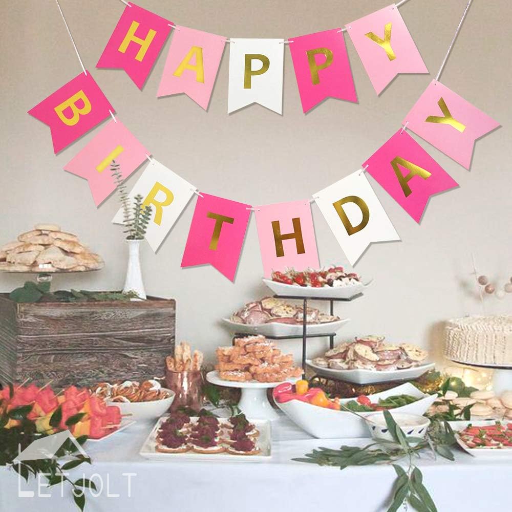 Roseo Pink Happy Birthday Banner with Golden Sparkle