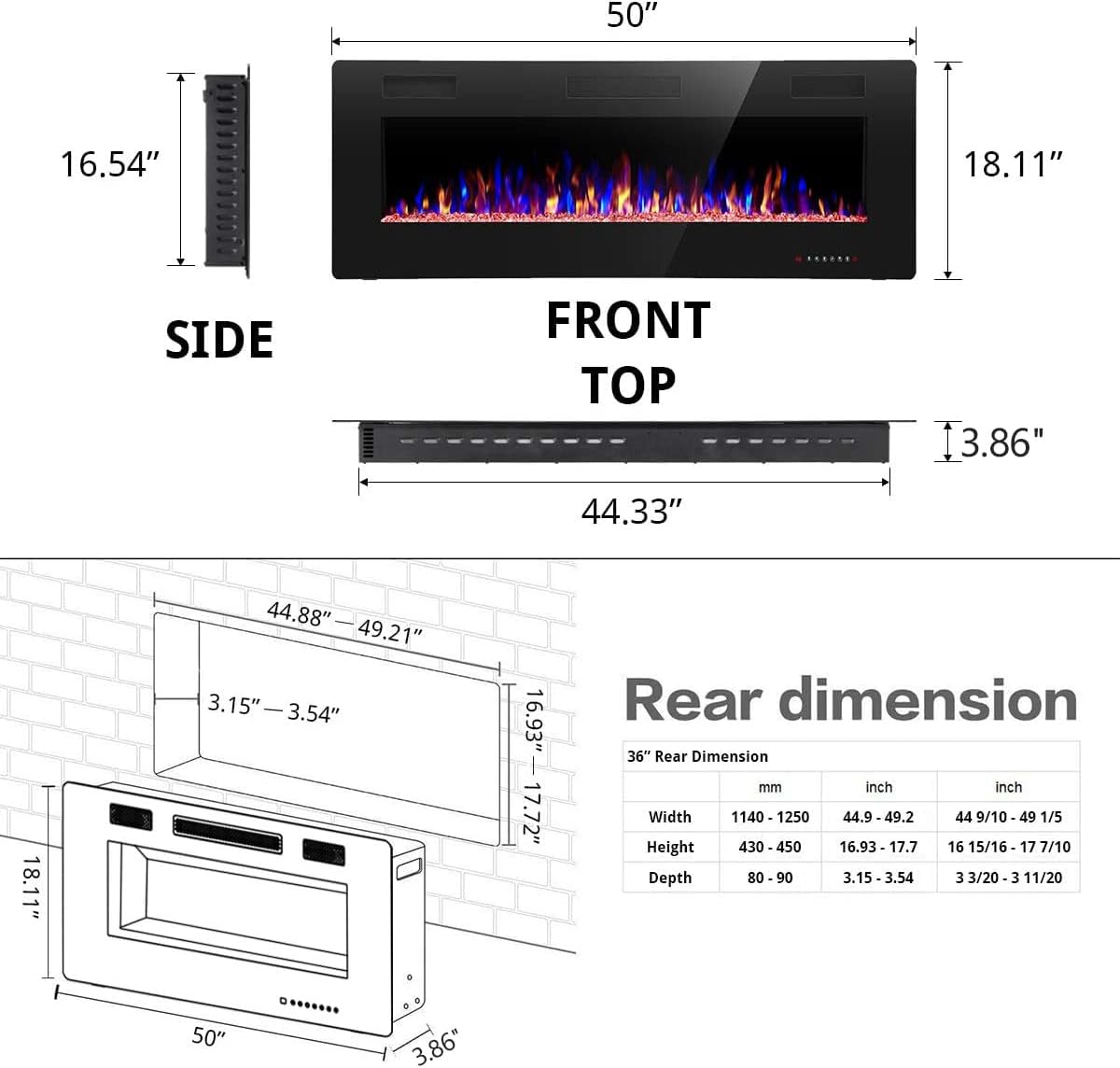 RWFLAME 50 Inch Electric Fireplace with Touch Screen and Remote Control