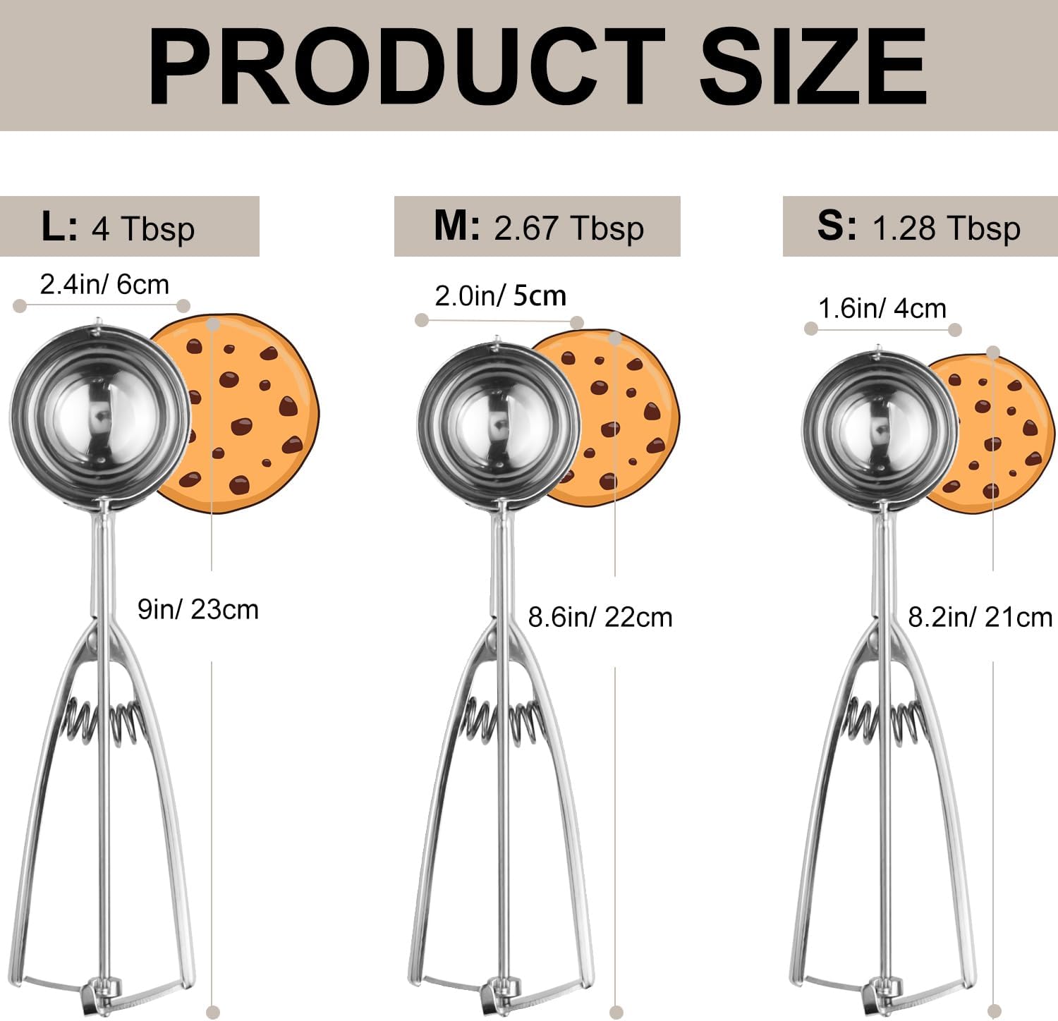 Cookie Scoop Set of 3 Silver Large Medium Small