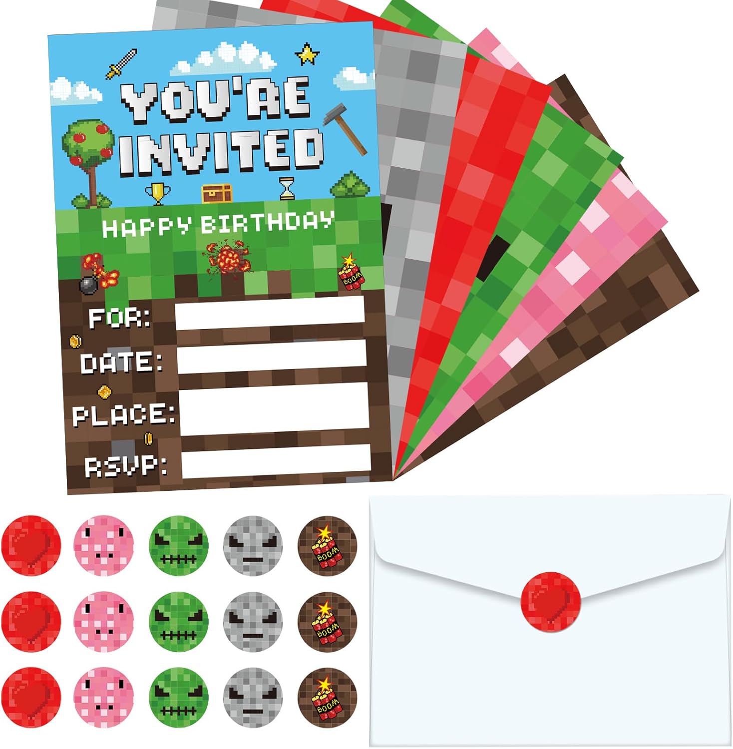 Pixel Birthday Invites 30 Sets with Stickers and Envelopes