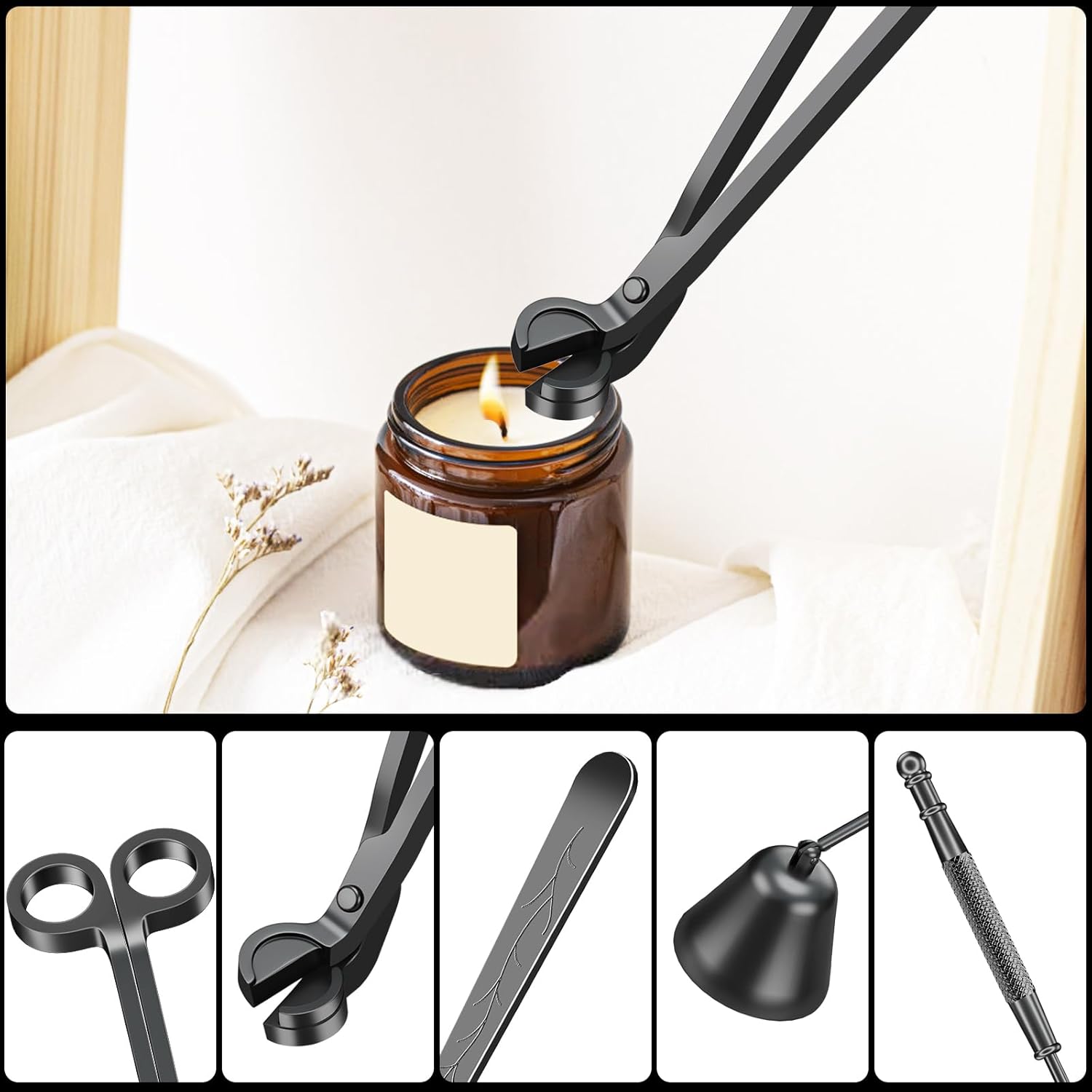 Calary 3 in 1 Candle Care Kit with Snuffer Trimmer and Dipper Black