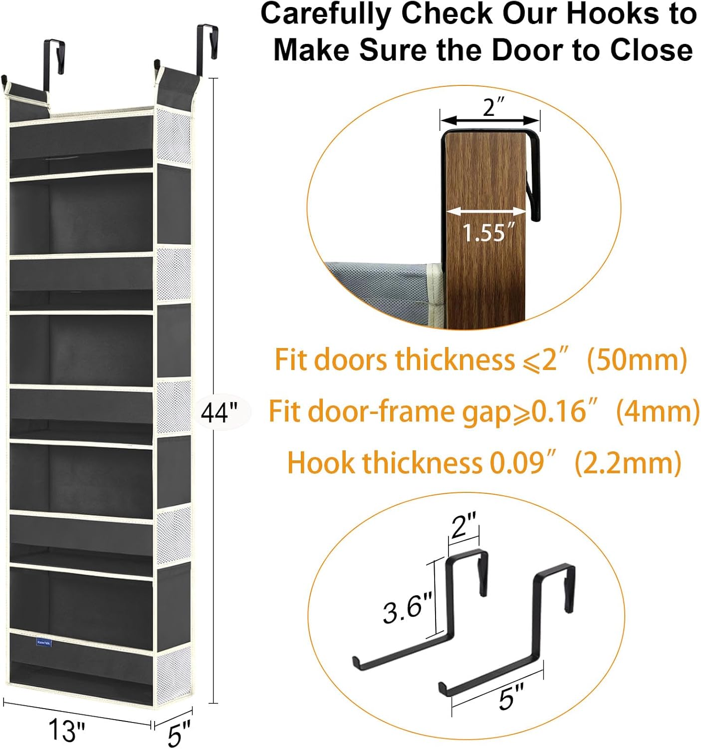 Over The Door Hanging Organizer 5 Shelves 10 Pockets Black