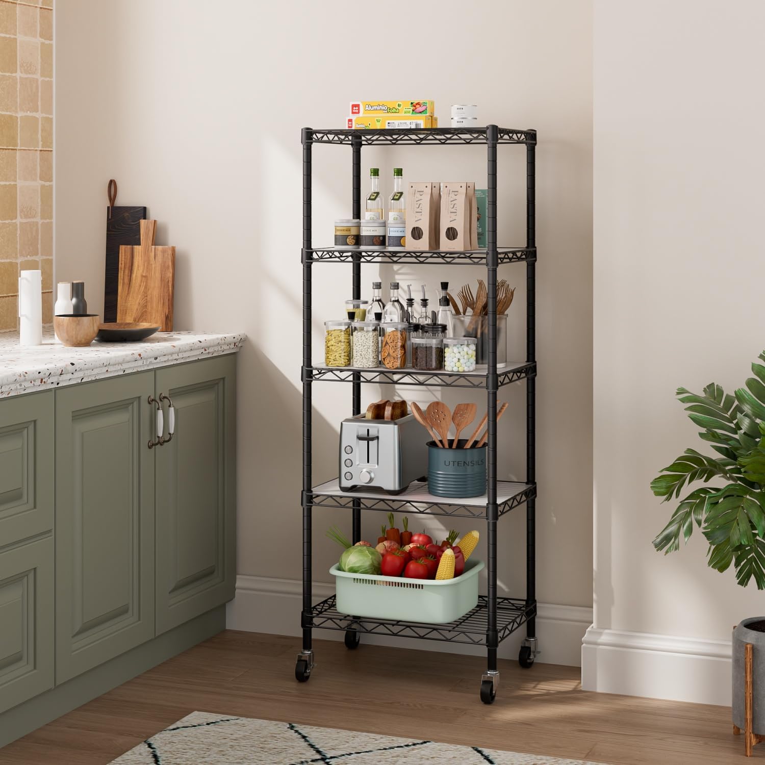 Golpart Small 5 Tier Metal Shelving Unit with Wheels Black