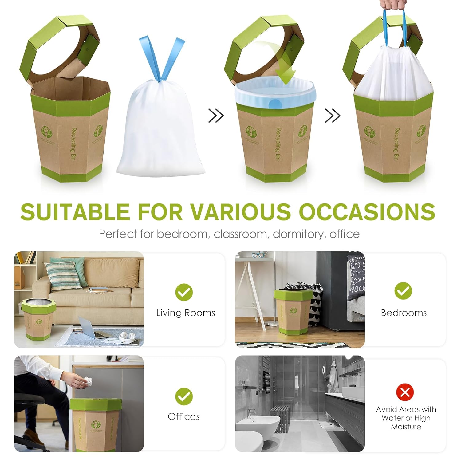 QIMATOP 5 Pack Cardboard Trash Cans 3 Gallon Reusable Foldable