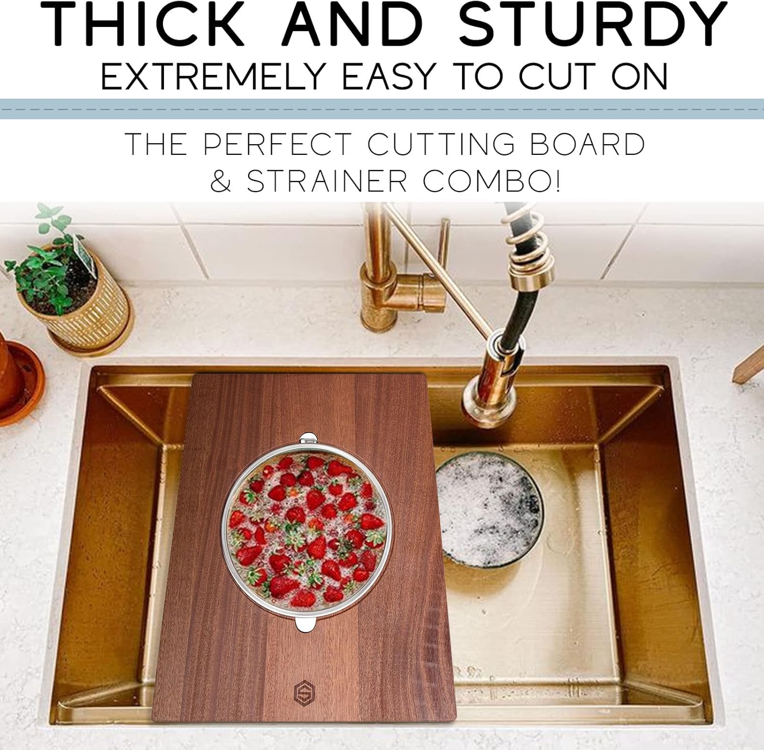 Strictly Sinks Wooden Cutting Board and Strainer Combo