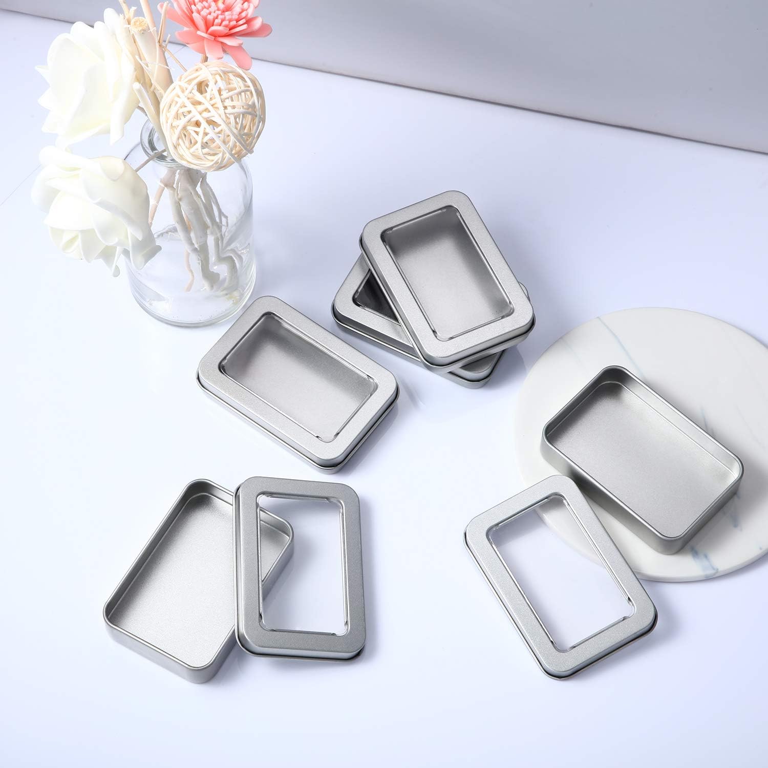 24 Piece Clear Top Tin Box Set with Lids Silver Storage Containers