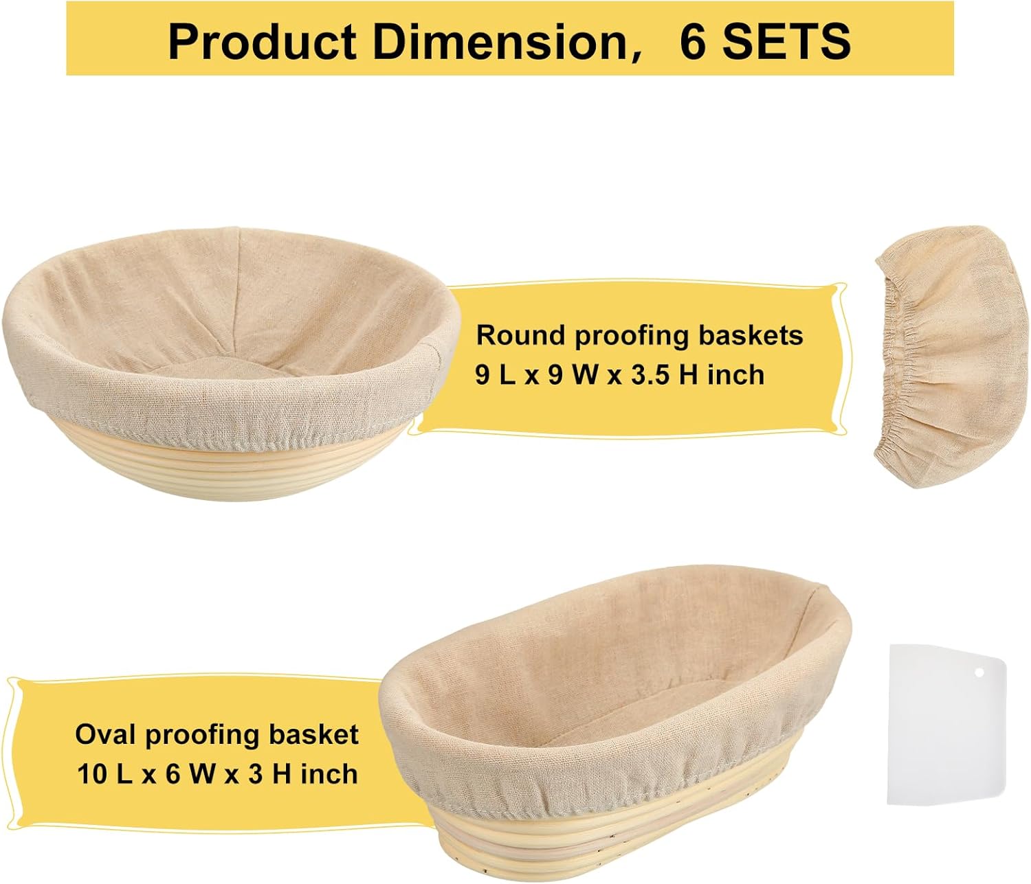 Geetery 6 Pack Bread Banneton Baskets with Liners and Dough Scraper