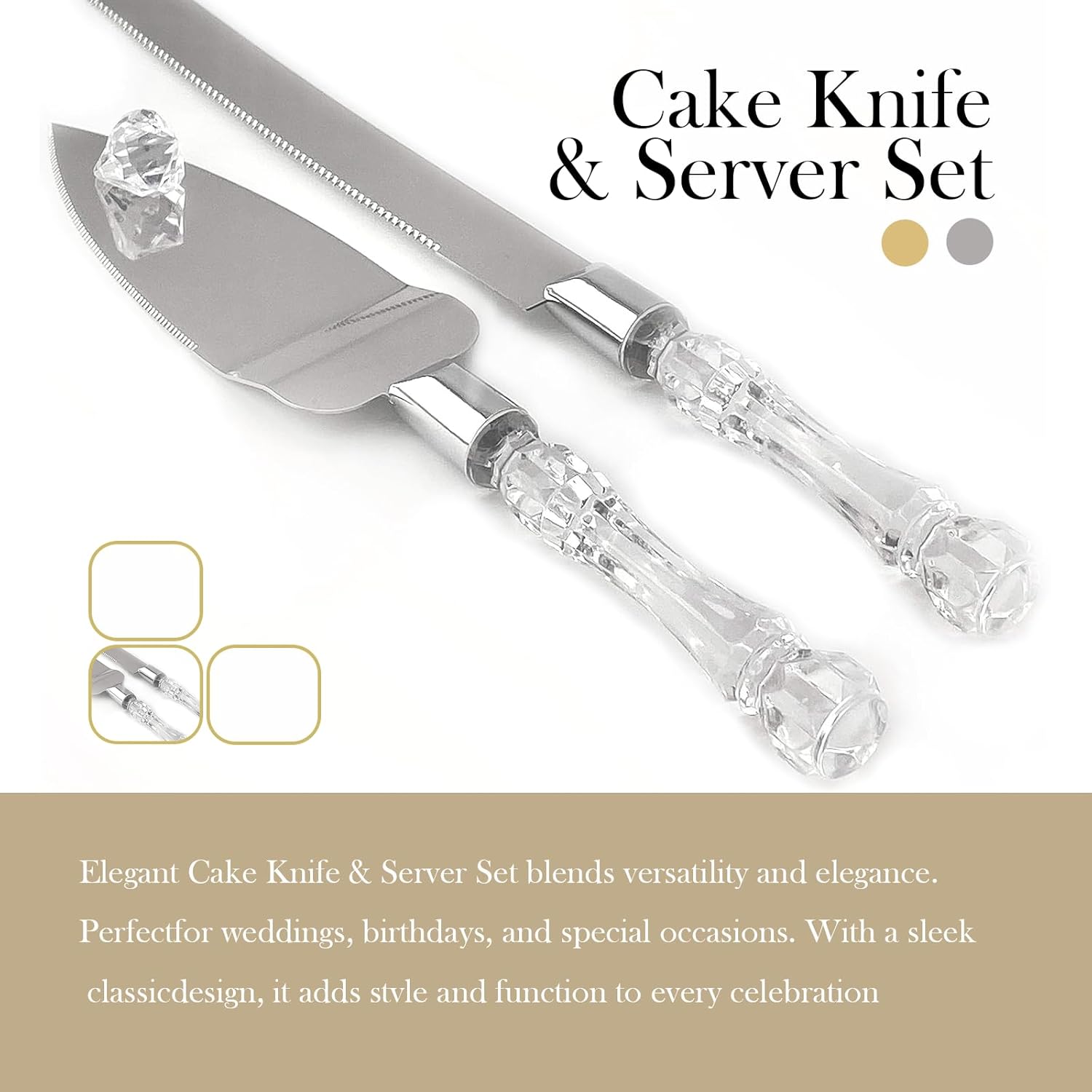 Adorox Cake Knife and Server Set with Acrylic Faux Crystal Handles