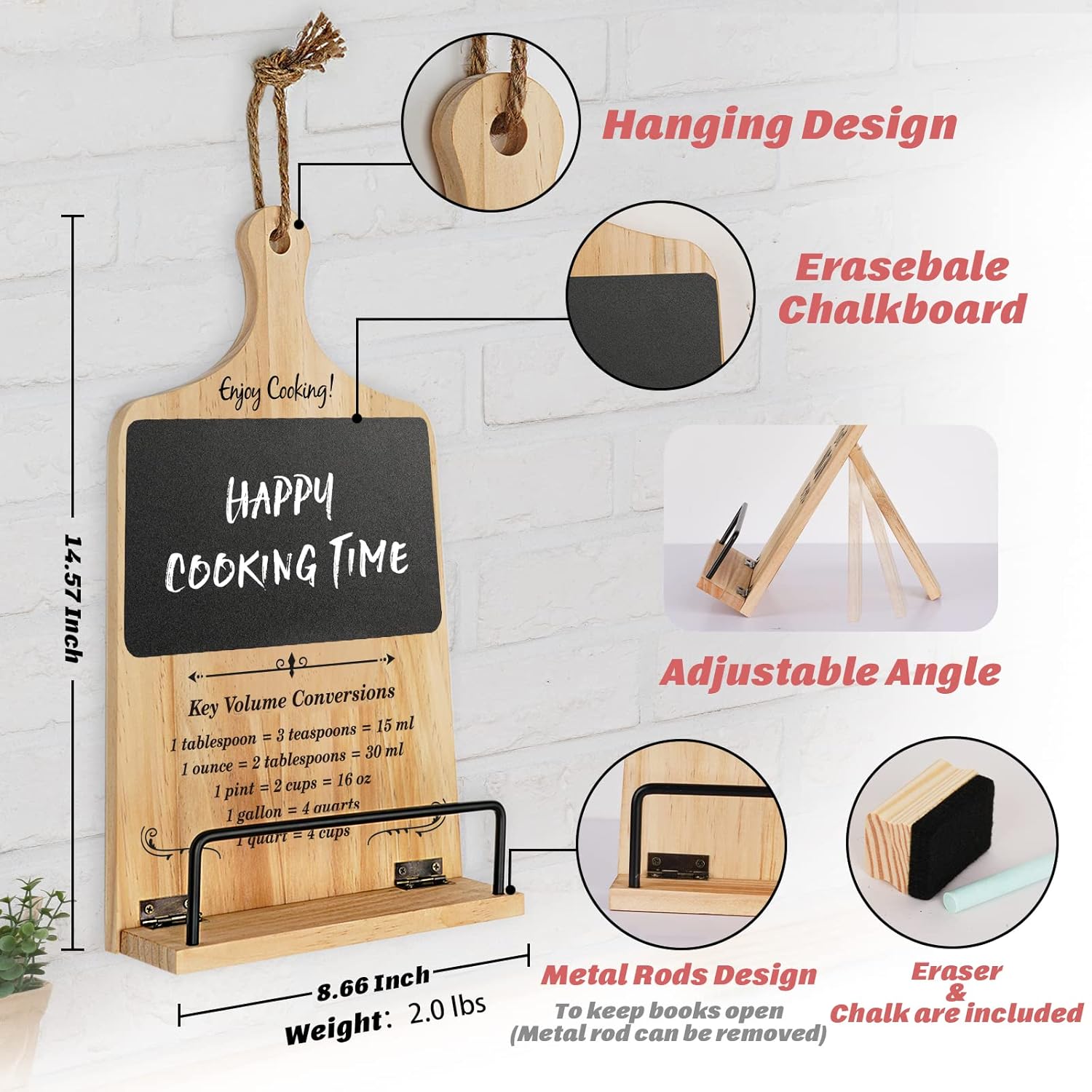 Stylish Cookbook Stand with Chalkboard Eraser