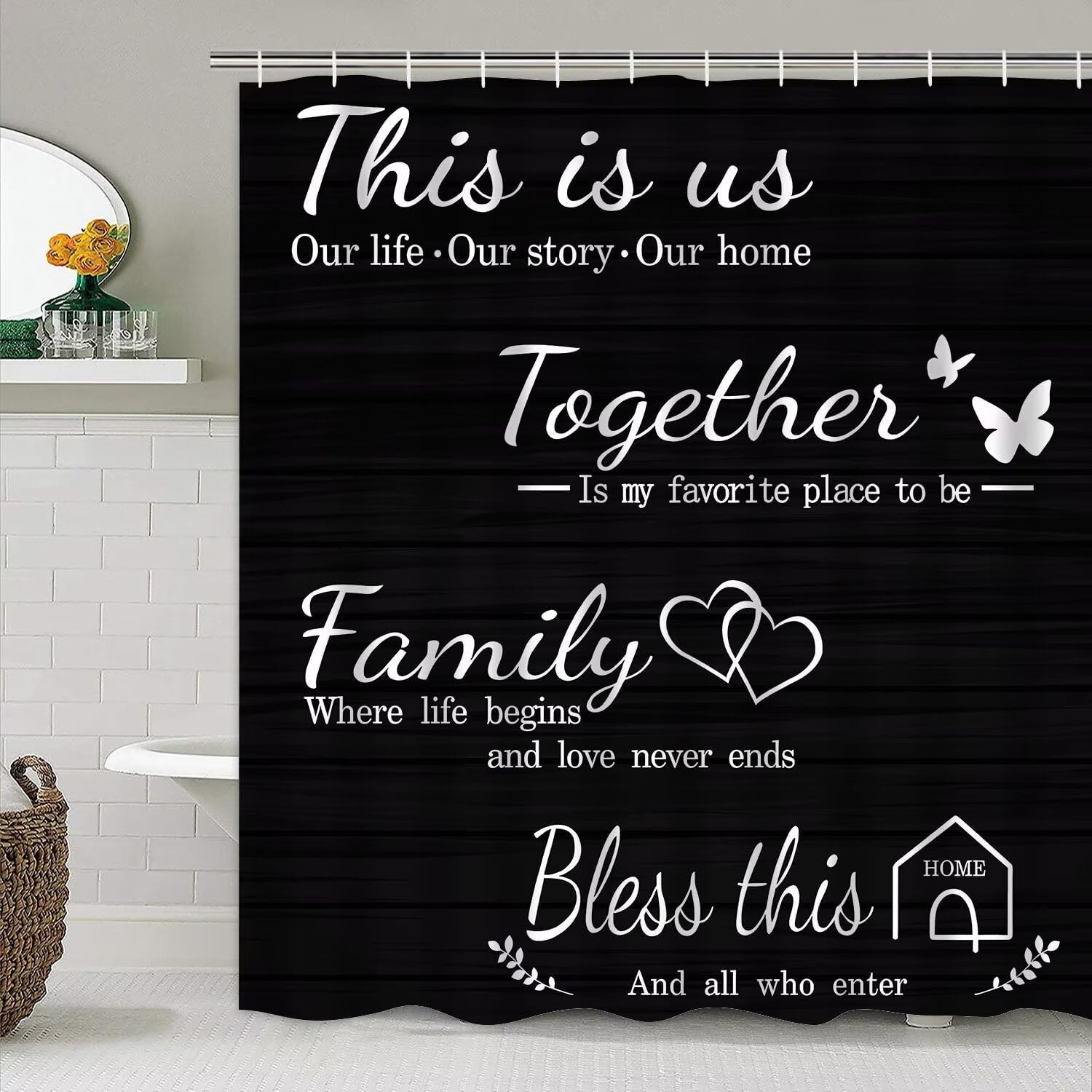 AZHM Family Shower Curtain Set with Rugs and 12 Hooks