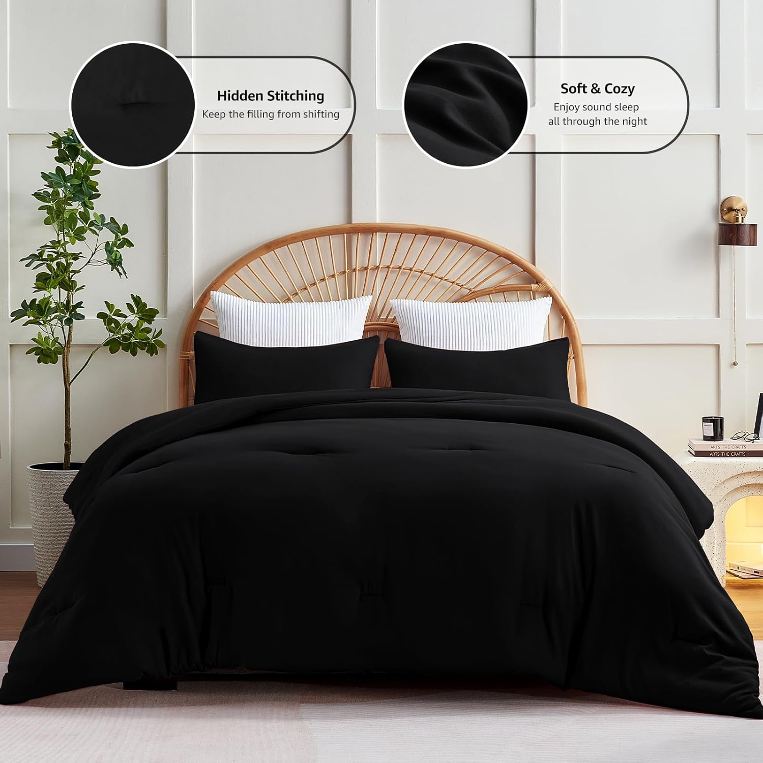 CozyLux Queen Comforter Set Black 3 Piece