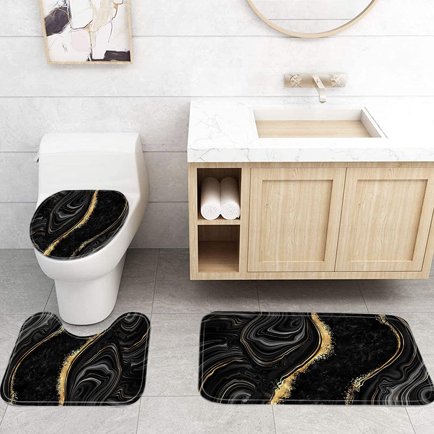 Nkzply 4 Pcs Black Shower Curtain Set with Rugs and Toilet Lid Cover