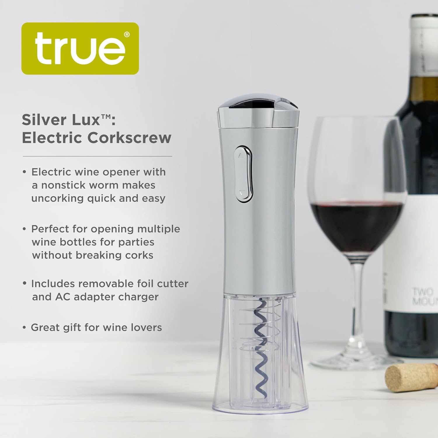 True Lux Electric Rechargeable Corkscrew Bottle Opener Silver