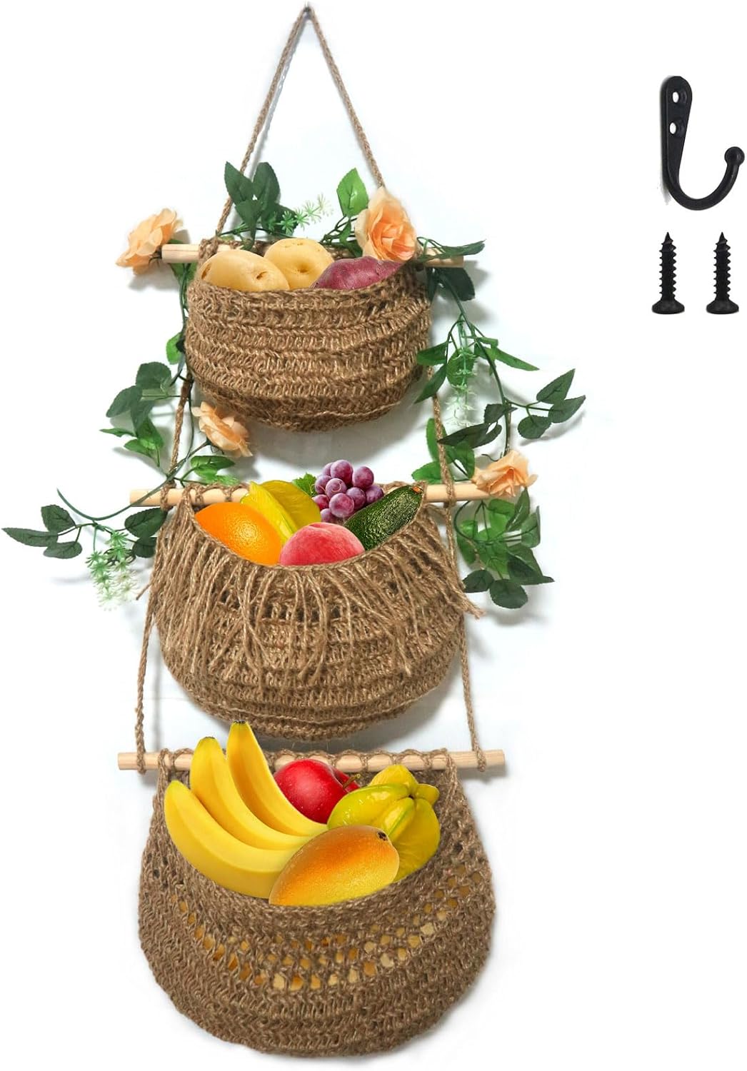 3-Tier Hanging Fruit Basket for Kitchen and Living Room