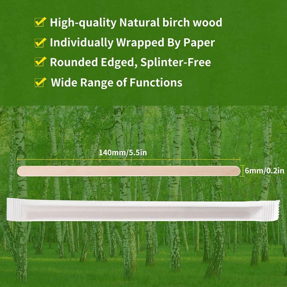 200pcs Individually Wrapped Wooden Coffee Stirrers - 55 Length