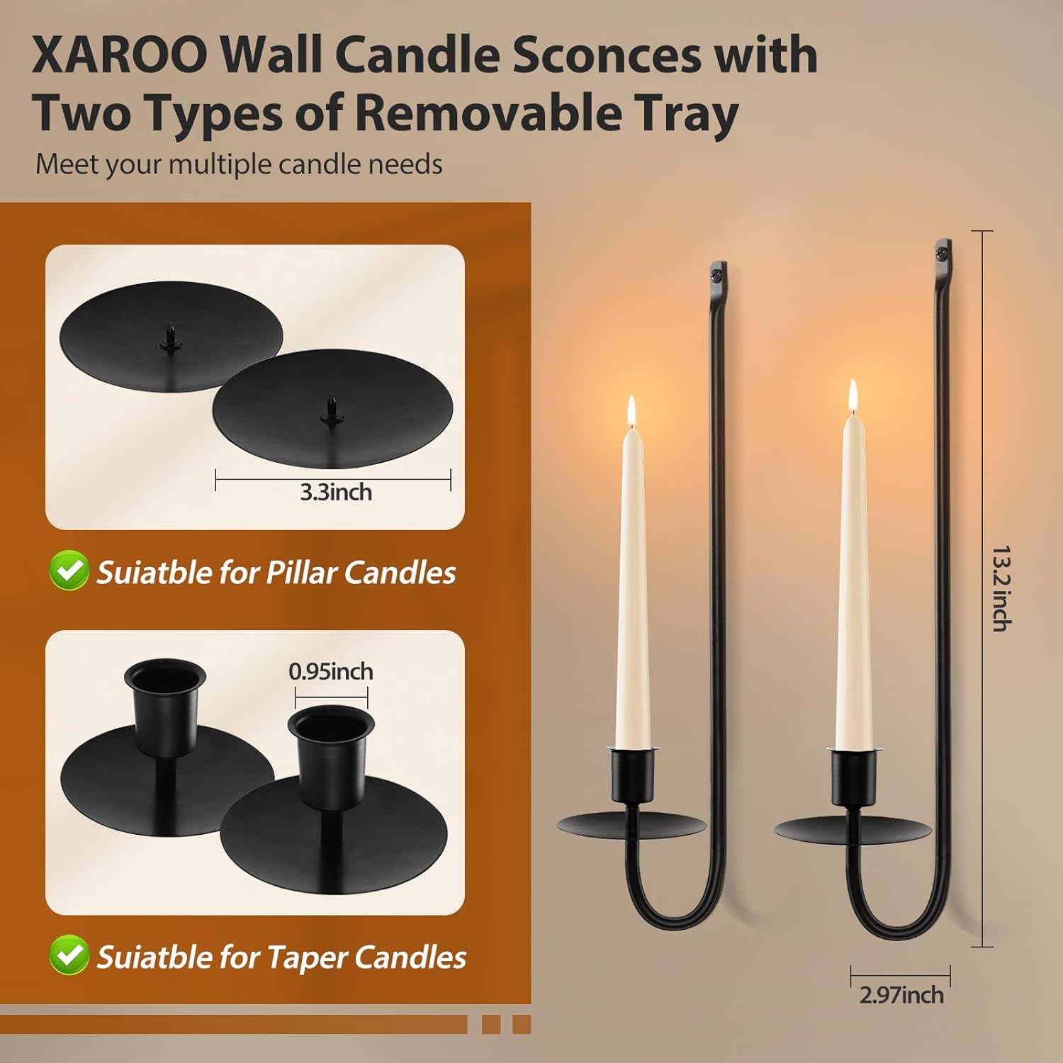 XAROO Candle Sconces Set of 2 Black Wall Mount