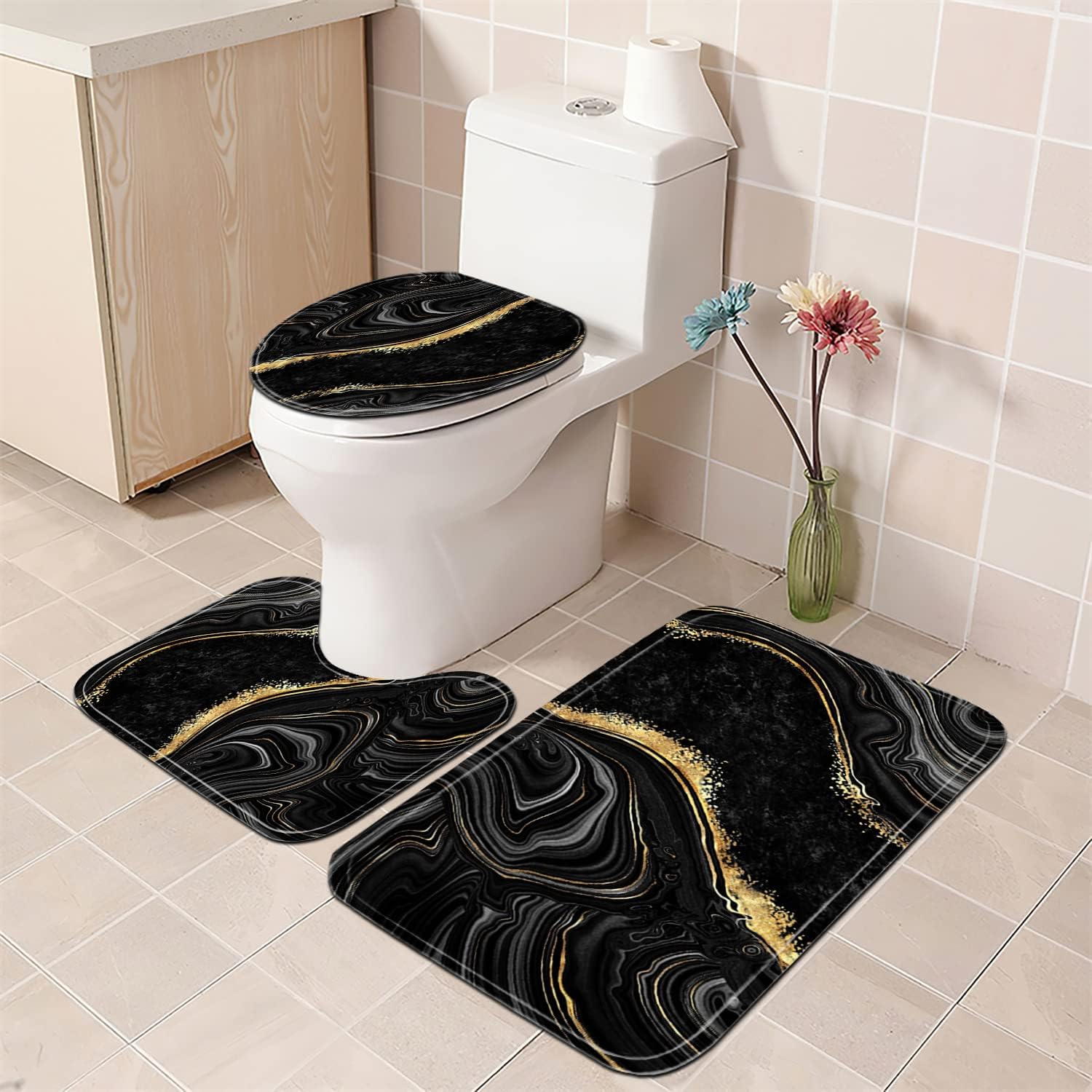 Nkzply 4 Pcs Black Shower Curtain Set with Rugs and Toilet Lid Cover