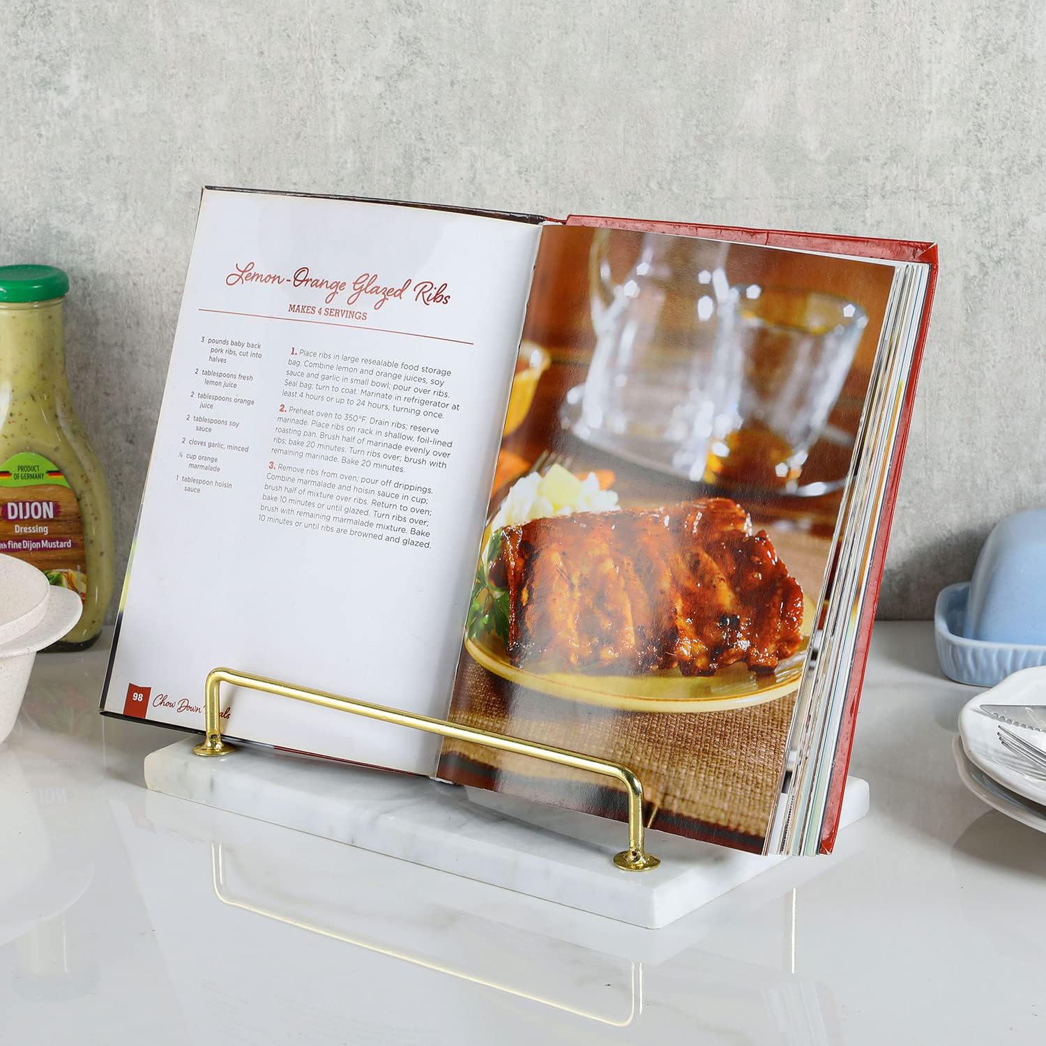 MyGift Modern Marble Cookbook Stand with Brass Metal Rail