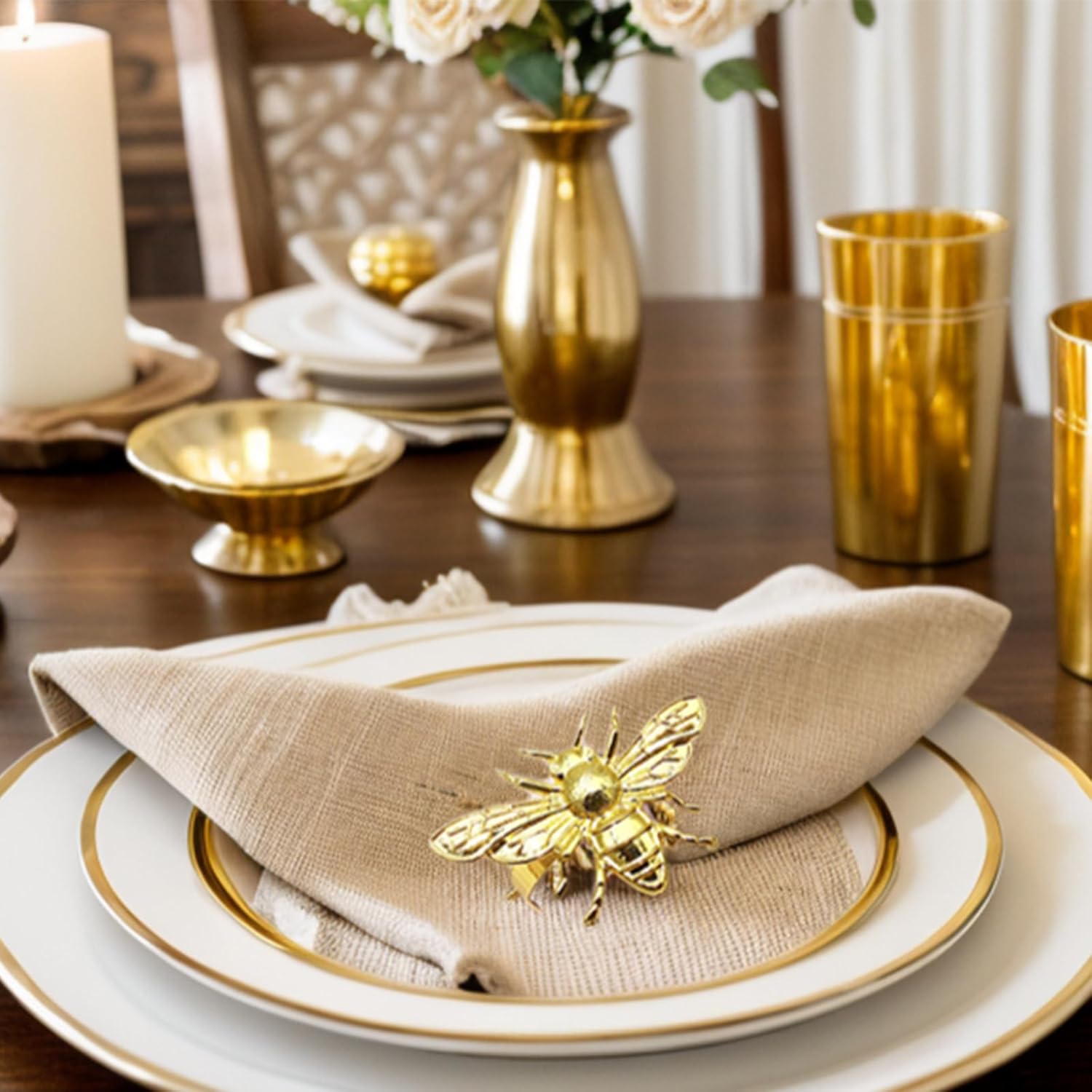 6pcs Gold Bee Napkin Rings Table Setting Decor