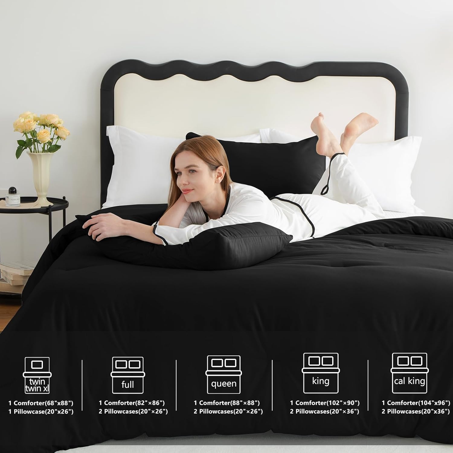 CozyLux Queen Comforter Set Black 3 Piece