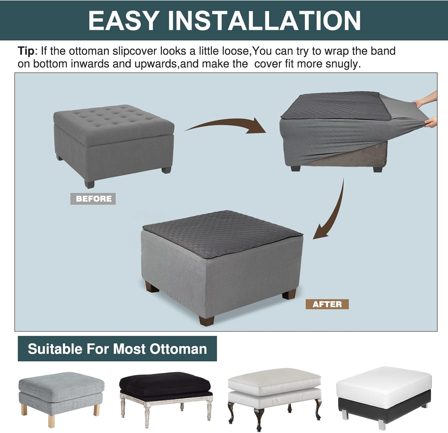 NeColorLife Square Ottoman Slipcover Dark Gray Large