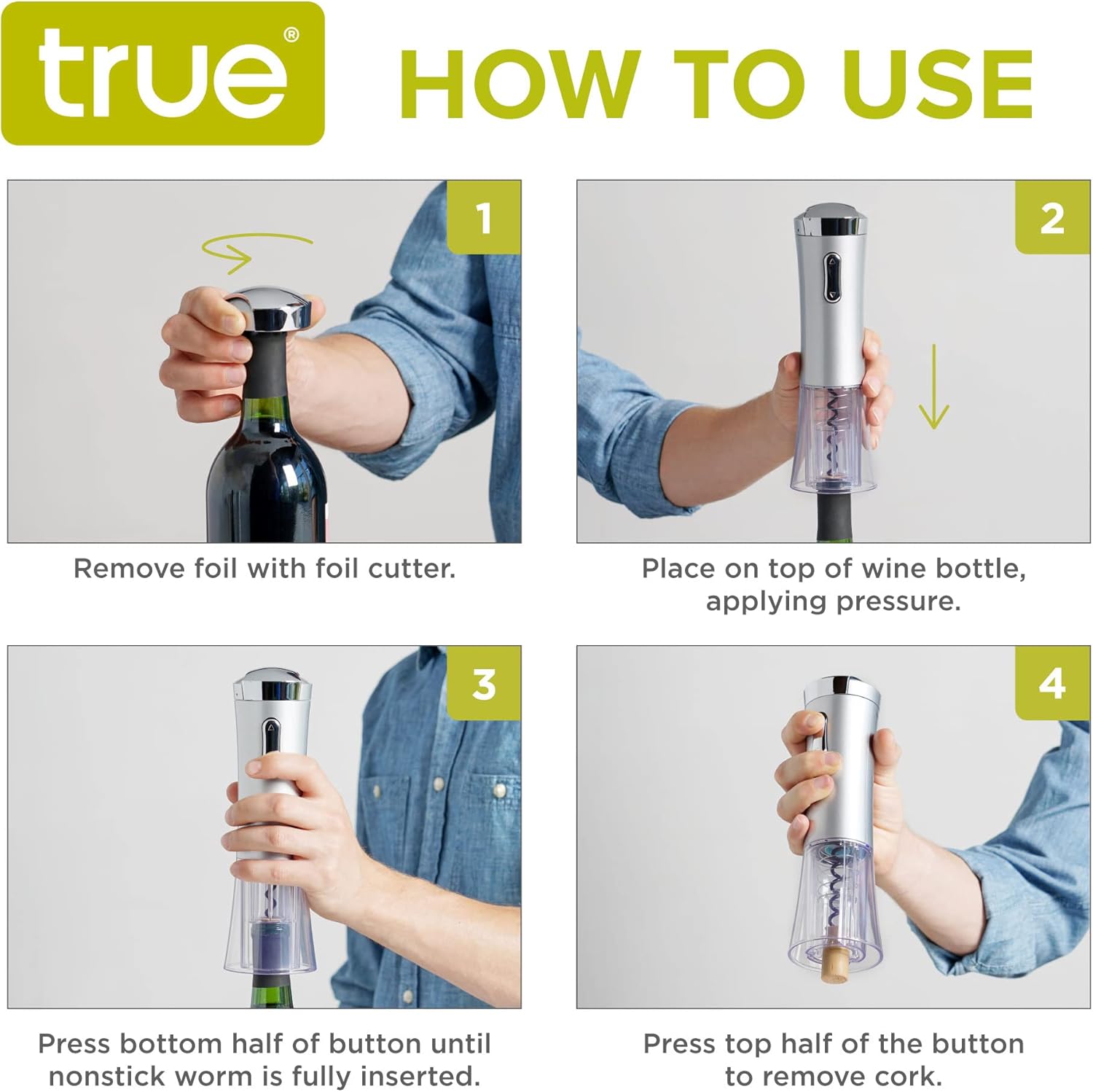 True Lux Electric Rechargeable Corkscrew Bottle Opener Silver