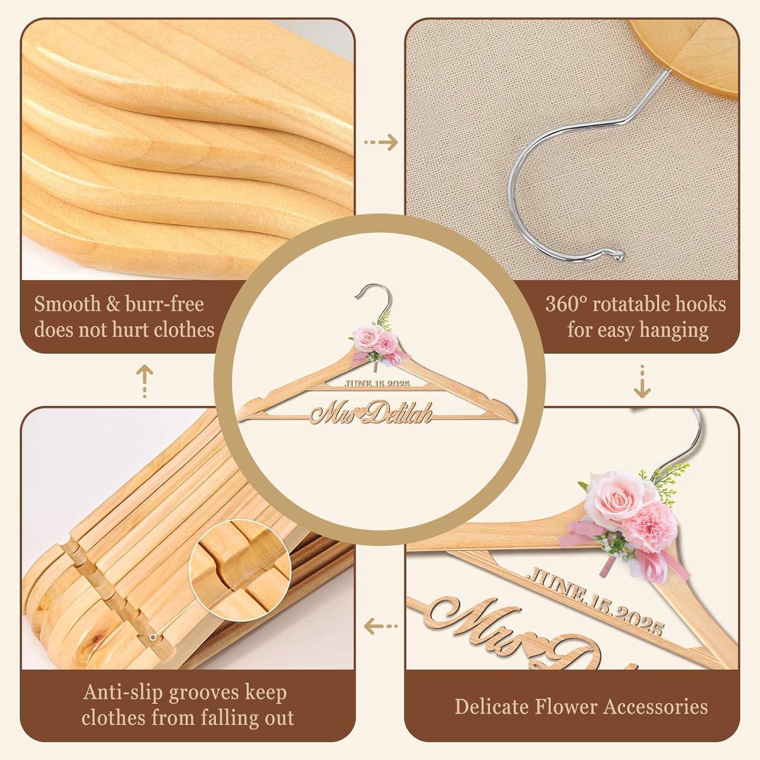 Custom Wooden Wedding Dress Hanger for Bride and Bridesmaid