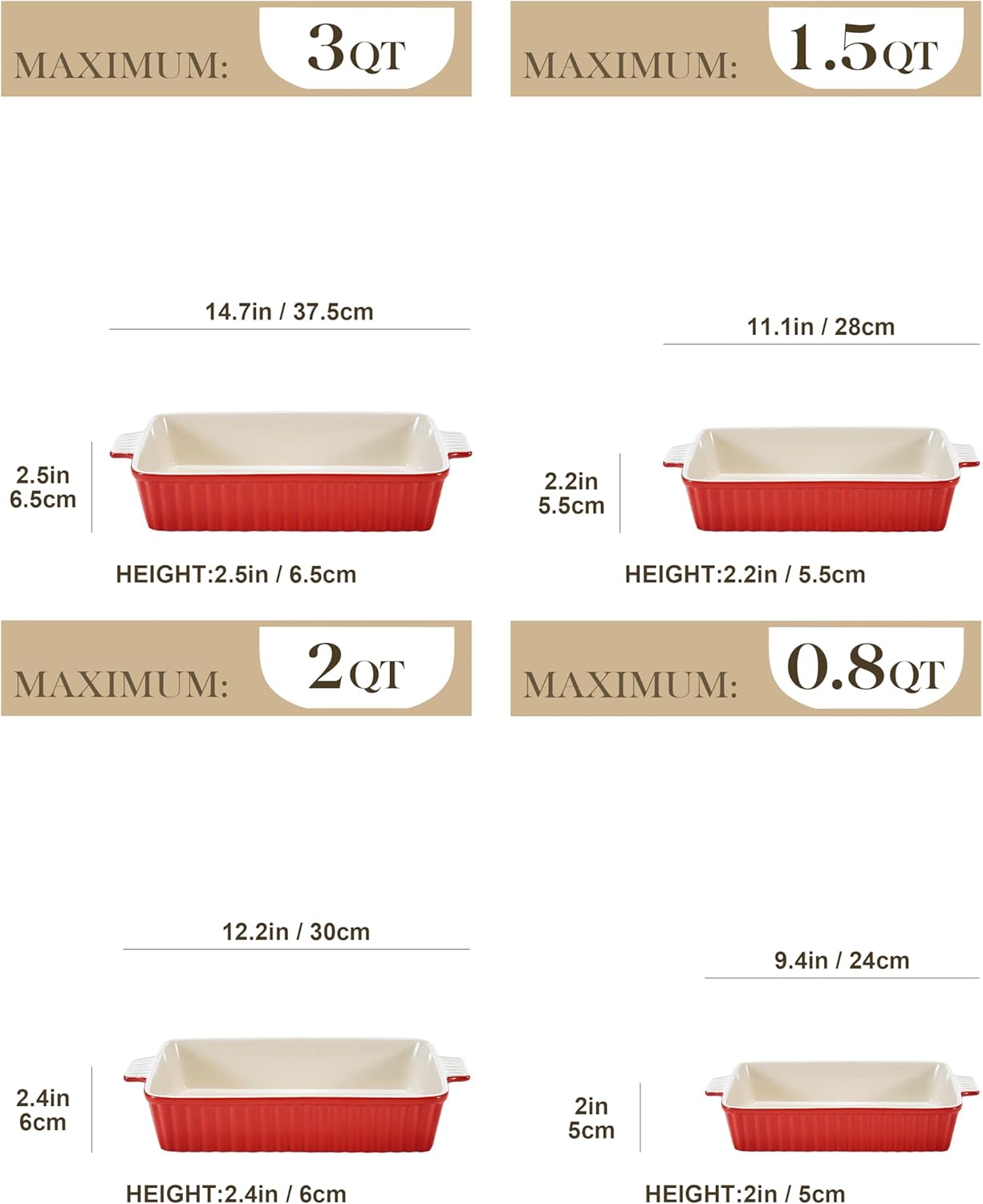 MALACASA Porcelain Bakeware Set of 4 Red Sizes