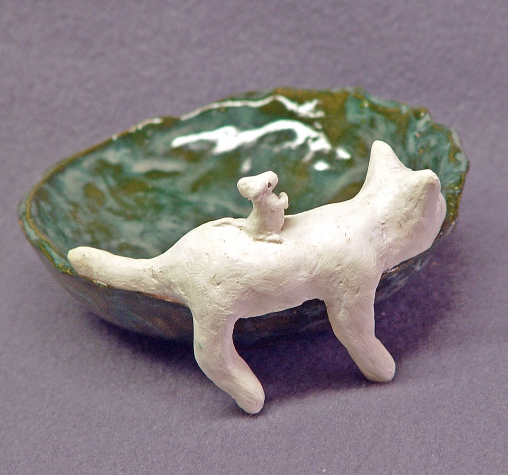 Handmade Ceramic Cat Mouse Trinket Bowl Ring Holder Soap Dish Candle Holder