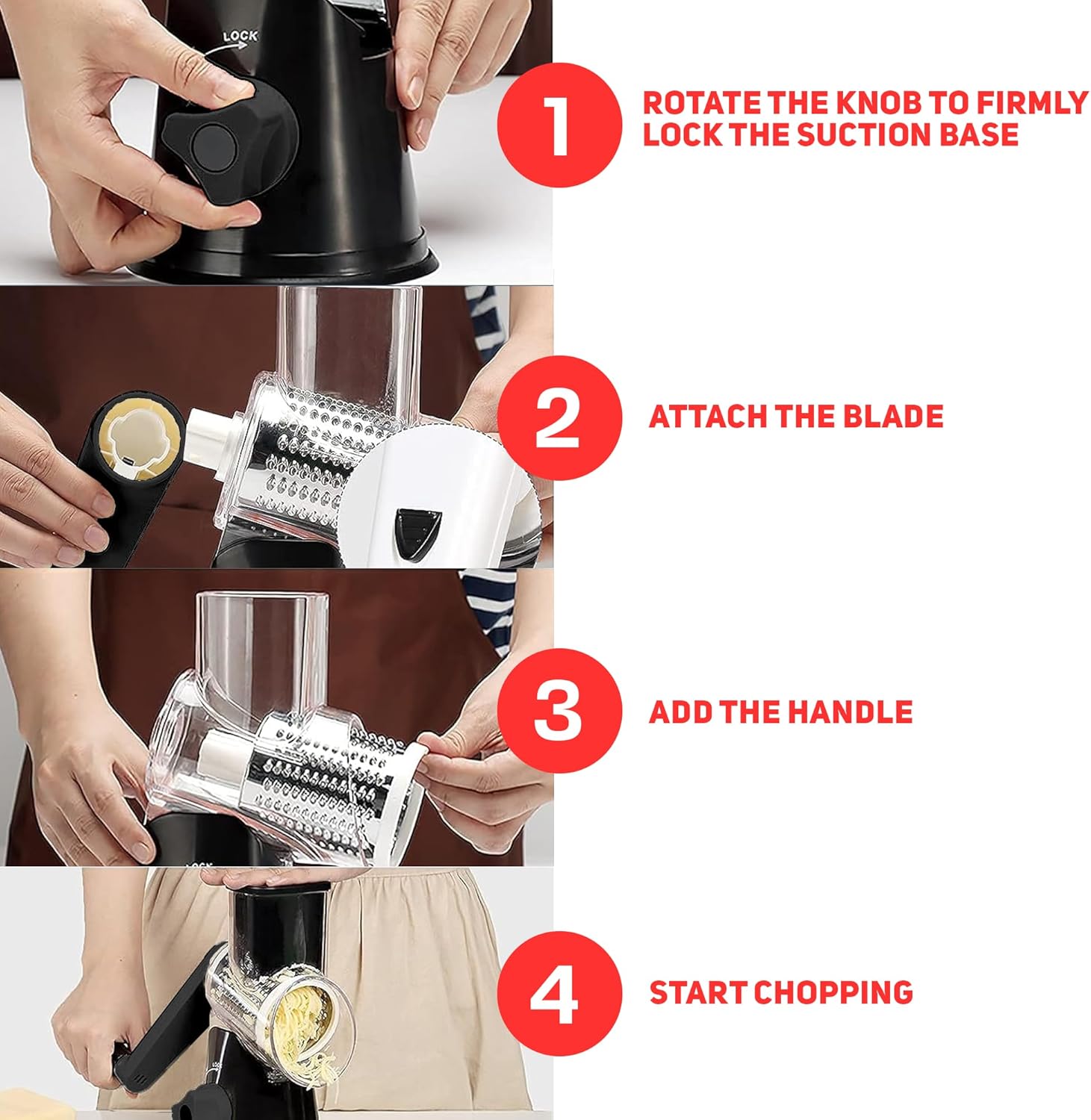 Rotary Cheese Grater with 3 Blades and Suction Base