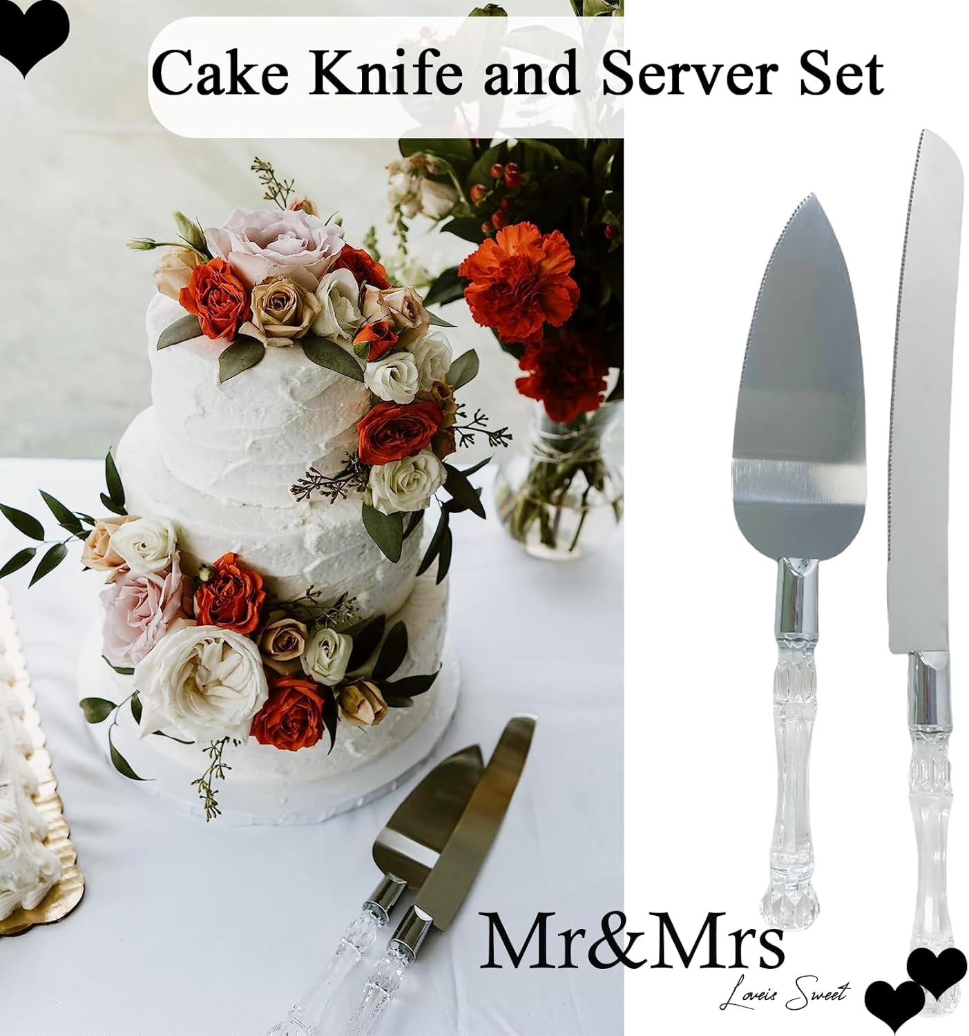 Adorox Cake Knife and Server Set with Acrylic Faux Crystal Handles
