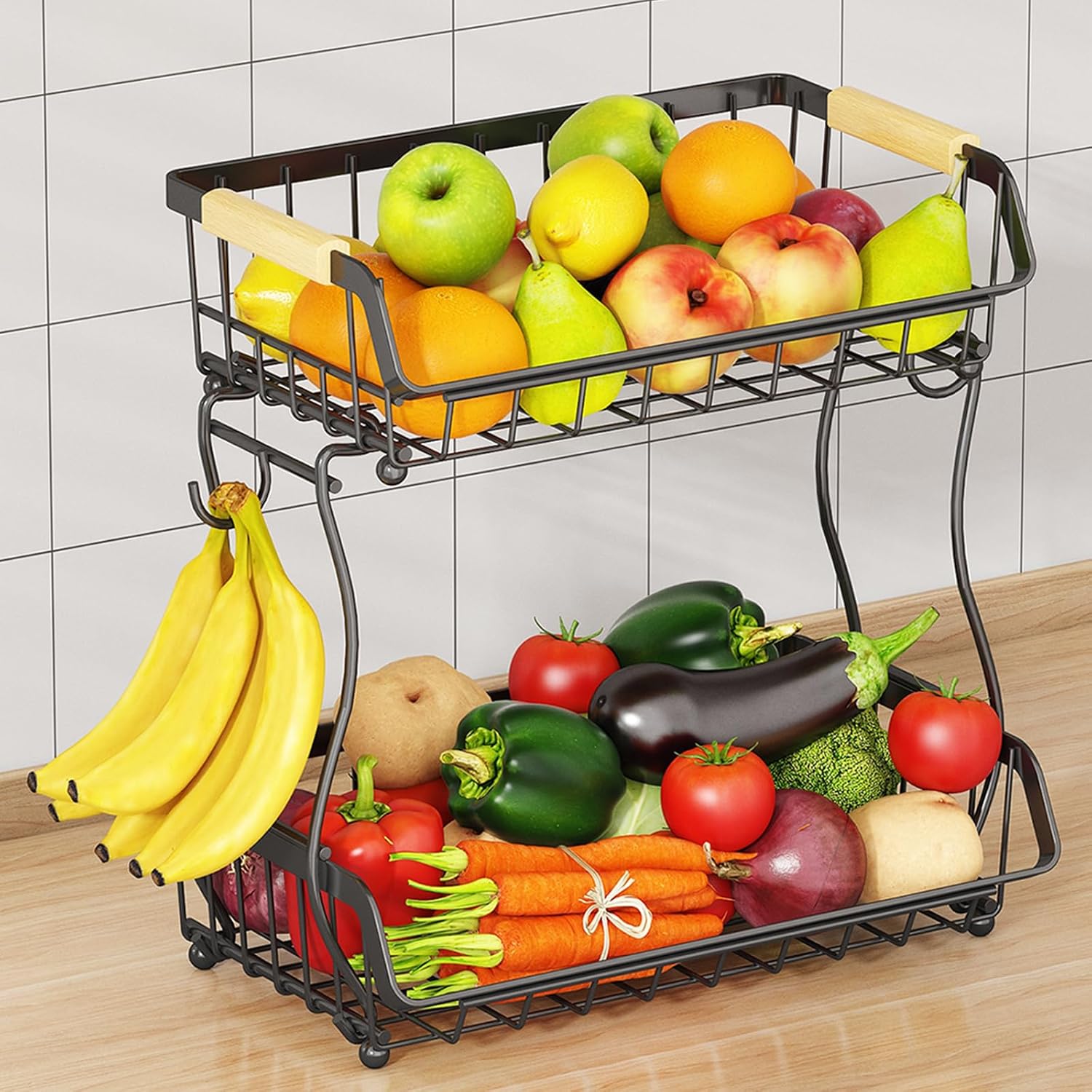 2 Tier Fruit Basket with Banana Hangers and Wooden Handles