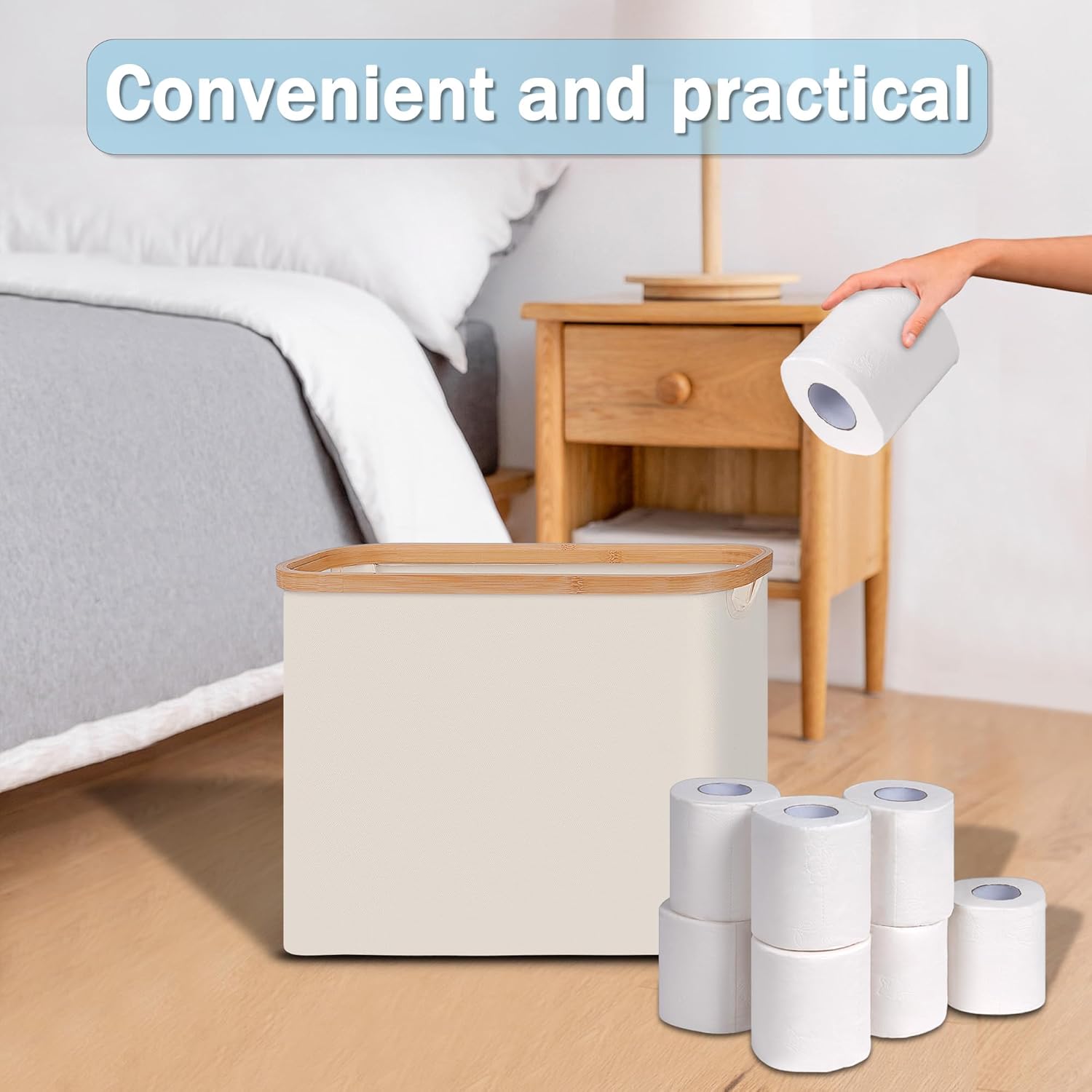 Toilet Paper Basket with Lid 9-12 Rolls Capacity Free Standing Organizer Beige