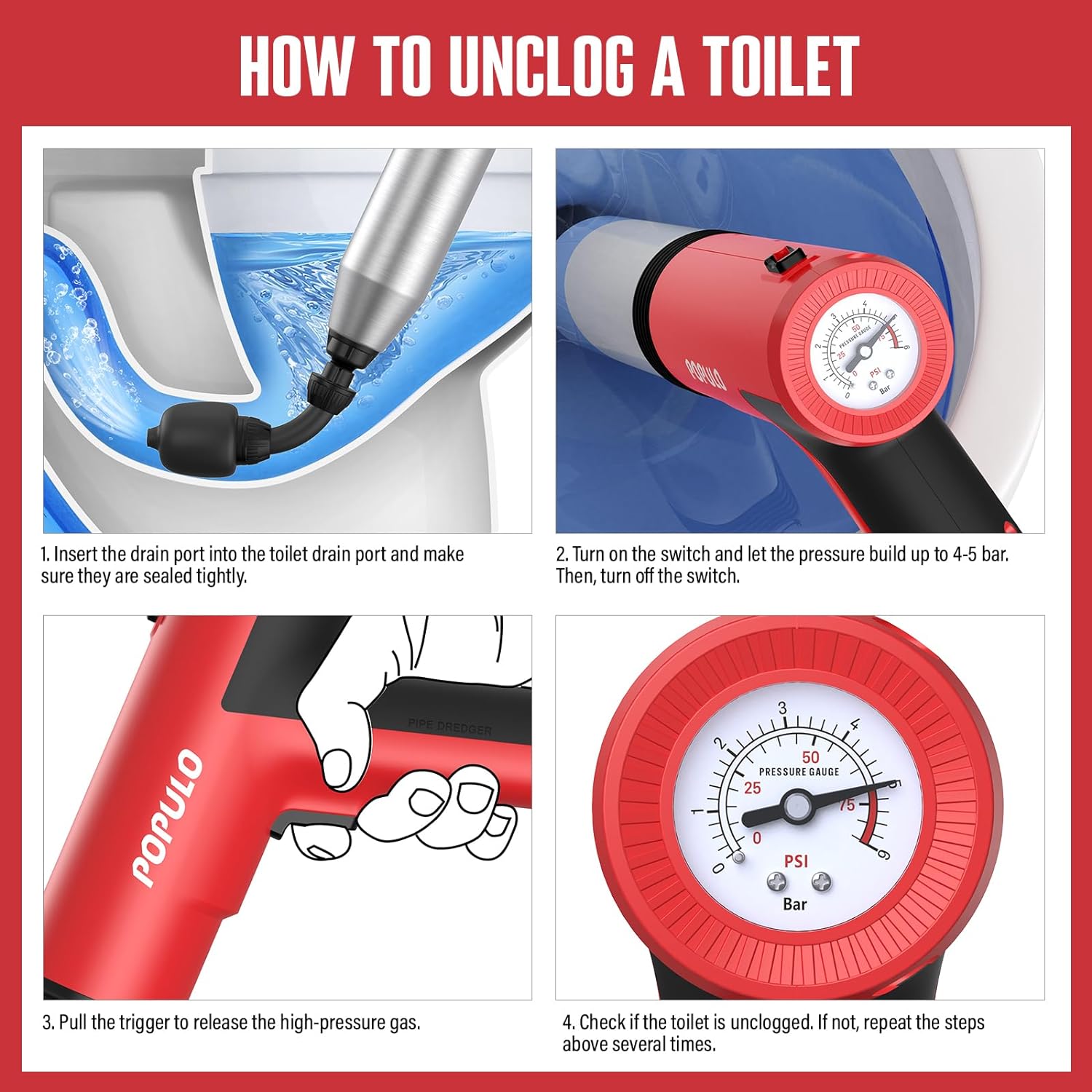 POPULO Electric Toilet Plunger High Pressure Drain Unclogger
