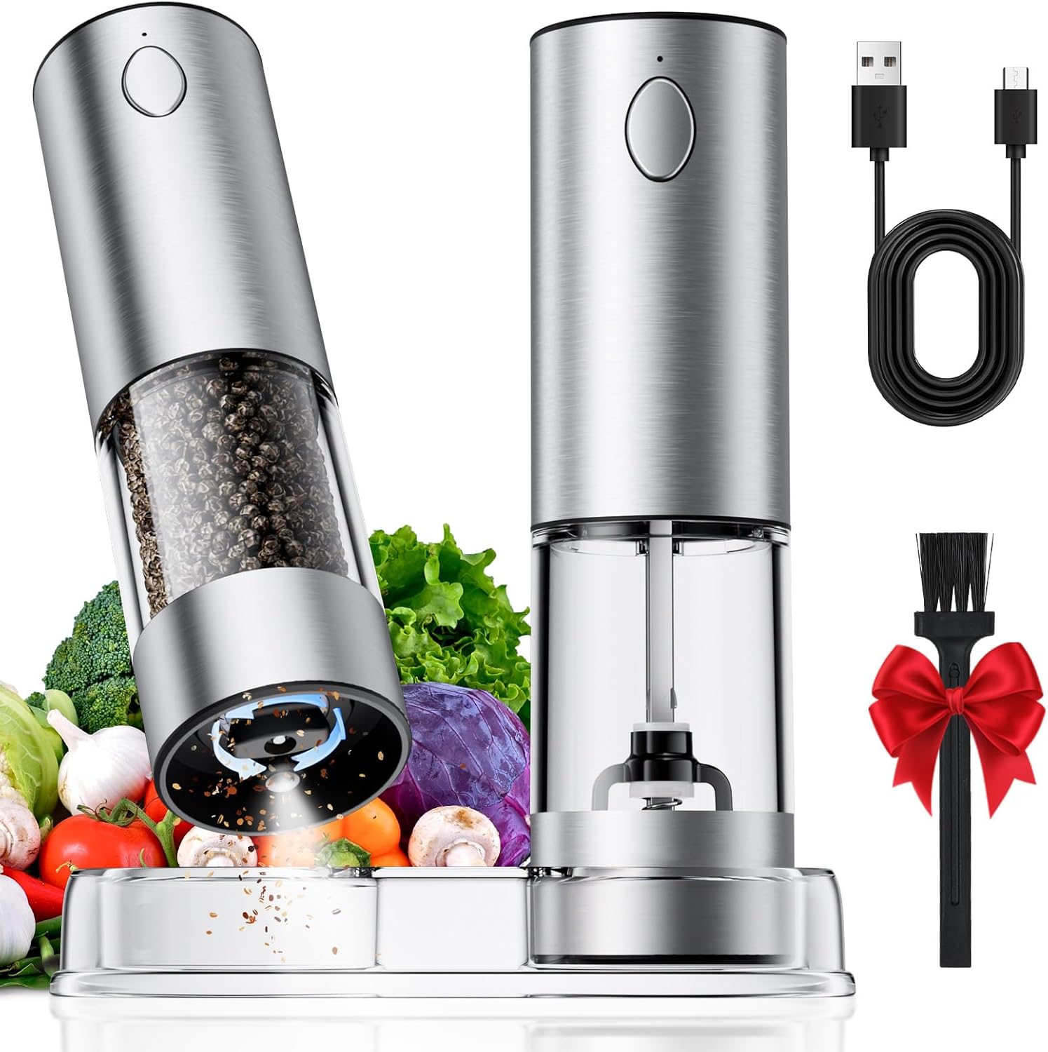Larger Electric Salt and Pepper Grinder Set with Rechargeable Battery and Adjustable Coarseness