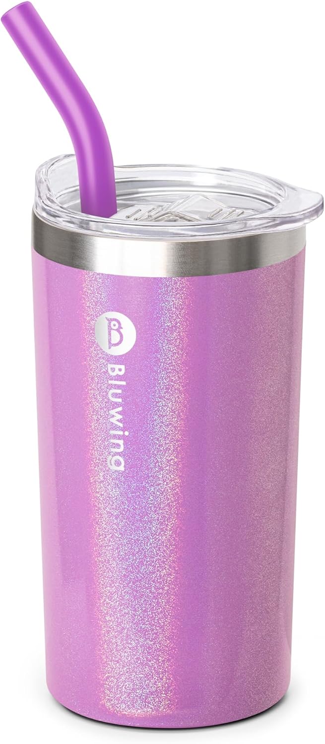 Bluwing 12 oz Insulated Tumbler with Straw Glitter Purple